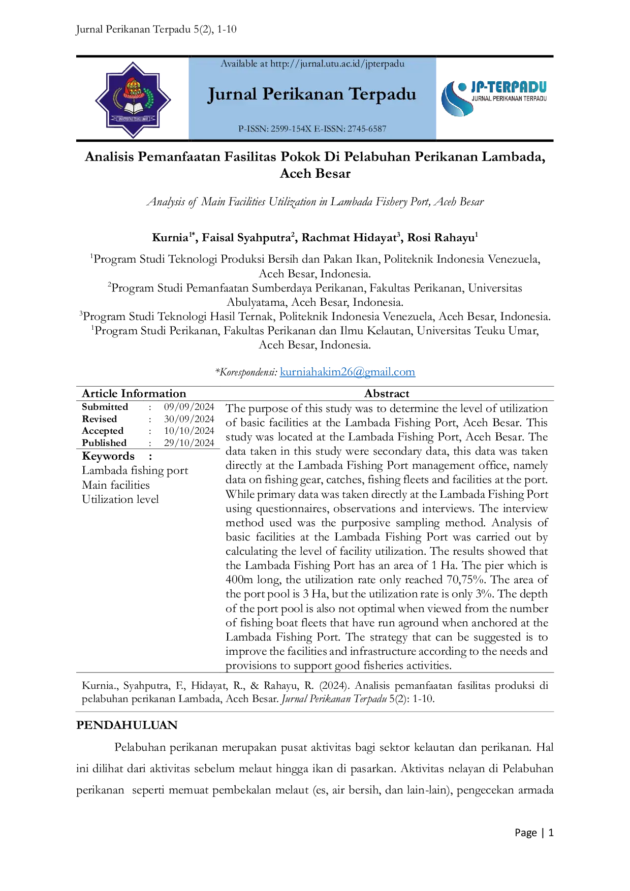 JURIS Analisis Pemanfaatan Fasilitas Pokok Di Pelabuhan Perikanan Lambada Aceh Besar