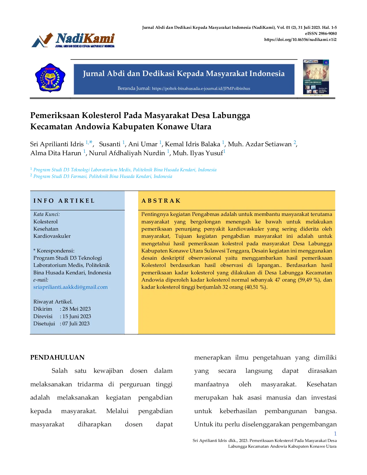 JURIS Pemeriksaan Kolesterol Pada Masyarakat Desa Labungga Kecamatan Andowia Kabupaten Konawe Utara