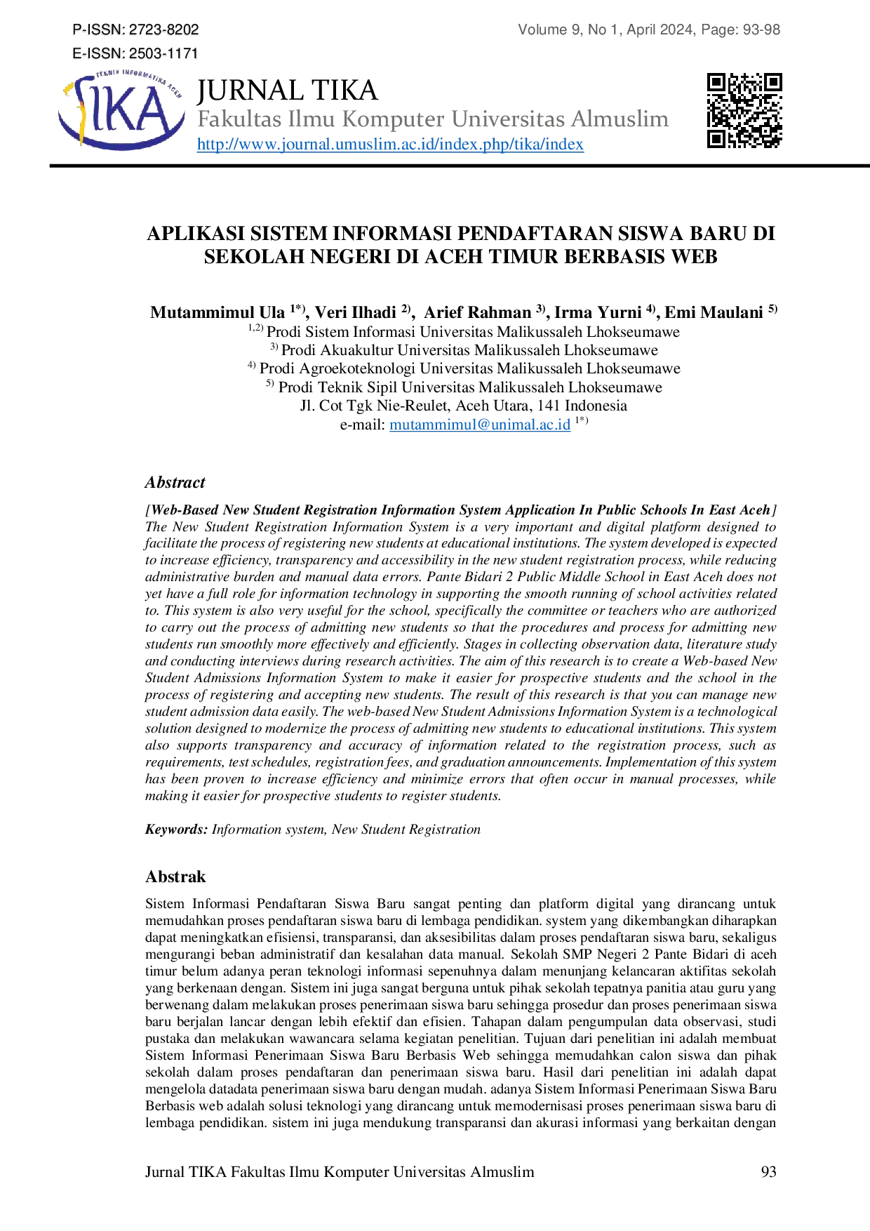 JURIS Aplikasi Sistem Informasi Pendaftaran Siswa Baru Di Sekolah Negeri di Aceh Timur Berbasis Web