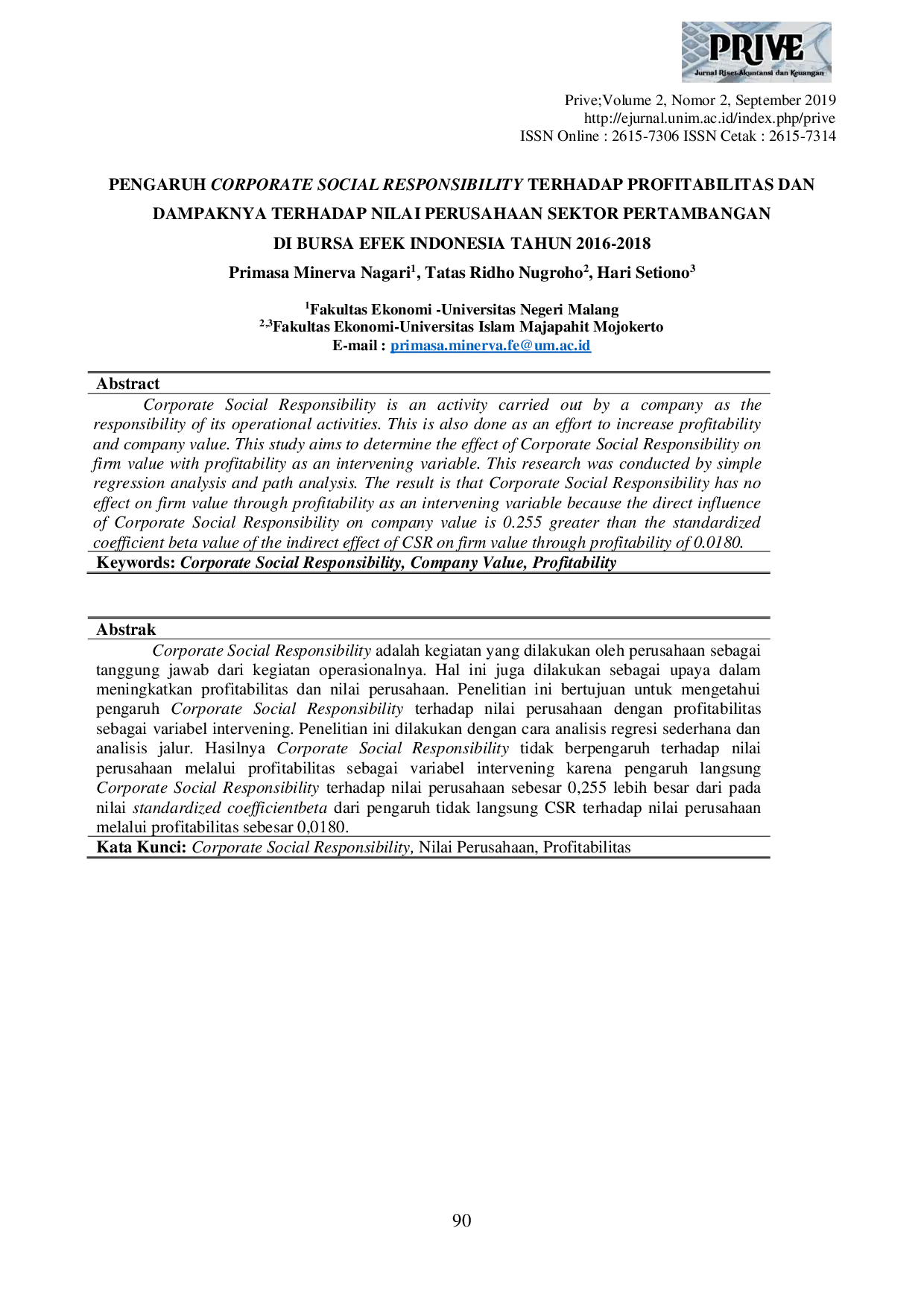 JURIS Pengaruh Corporate Social Responsibility Terhadap Profitabilitas dan Dampaknya Terhadap Nilai Perusahaan Sektor Pertambangan di Bursa Efek Indonesia Tahun 2016 2018