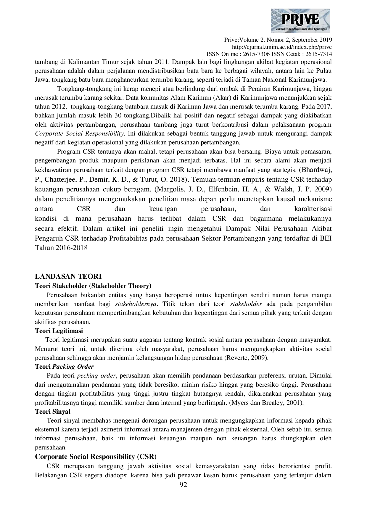 JURIS Pengaruh Corporate Social Responsibility Terhadap Profitabilitas dan Dampaknya Terhadap Nilai Perusahaan Sektor Pertambangan di Bursa Efek Indonesia Tahun 2016 2018
