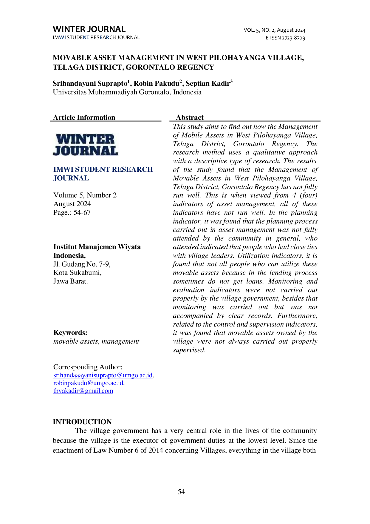 JURIS Movable Asset Management In West Pilohayanga Village Telaga District Gorontalo Regency