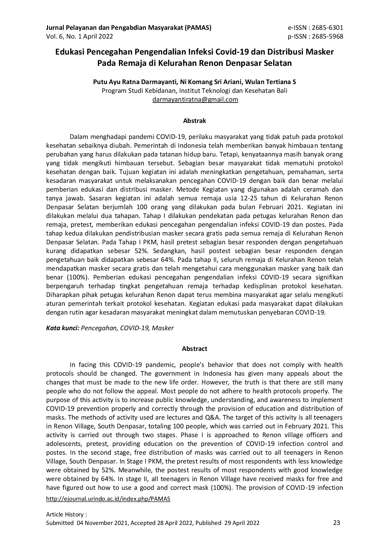 JURIS Edukasi Pencegahan Pengendalian Infeksi Covid 19 dan Distribusi Masker Pada Remaja di Kelurahan Renon Denpasar Selatan
