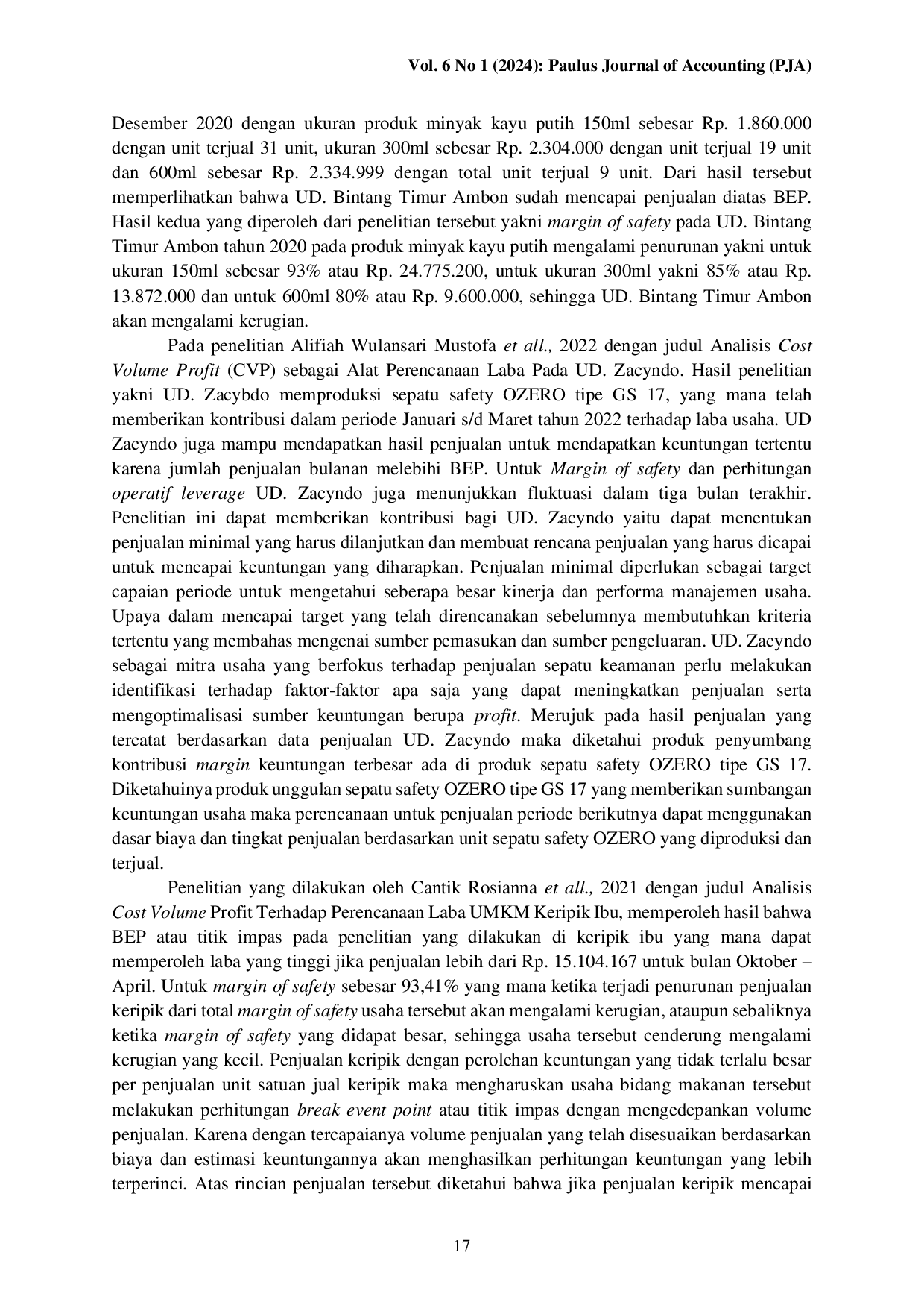 JURIS Analisis Biaya Volume Laba untuk Perencanaan Laba UMKM