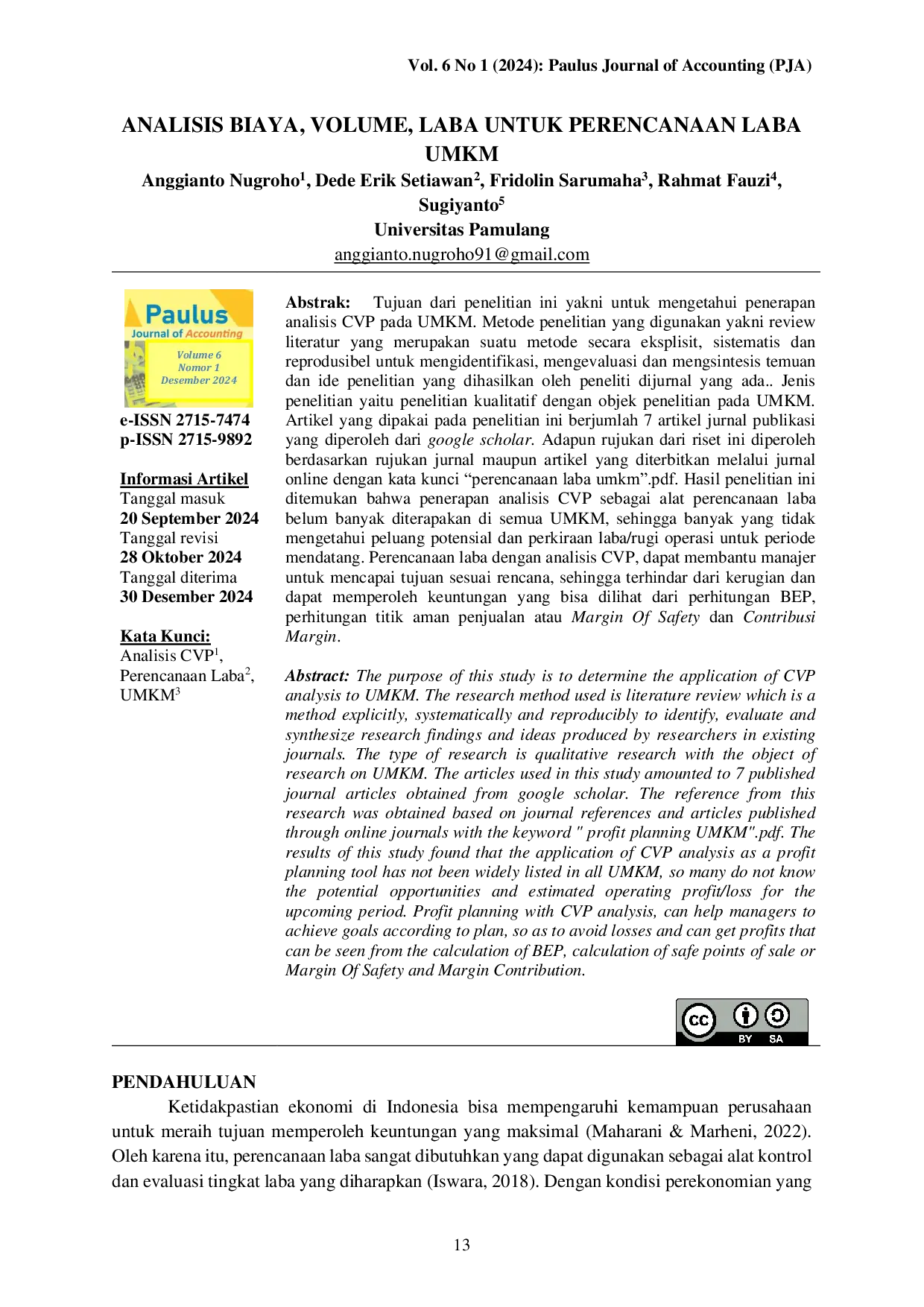 JURIS Analisis Biaya Volume Laba untuk Perencanaan Laba UMKM