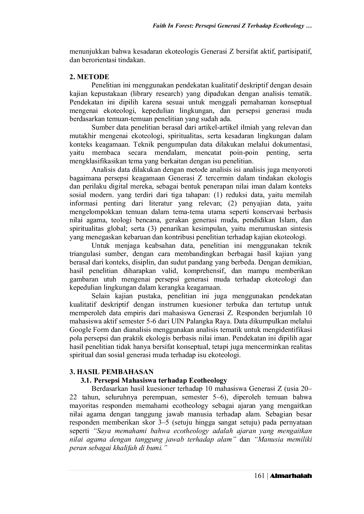 JURIS Faith In Forest Persepsi Generasi Z Terhadap Ecotheology Dan Kepedulian Lingkungan Dalam Konteks Keagamaan