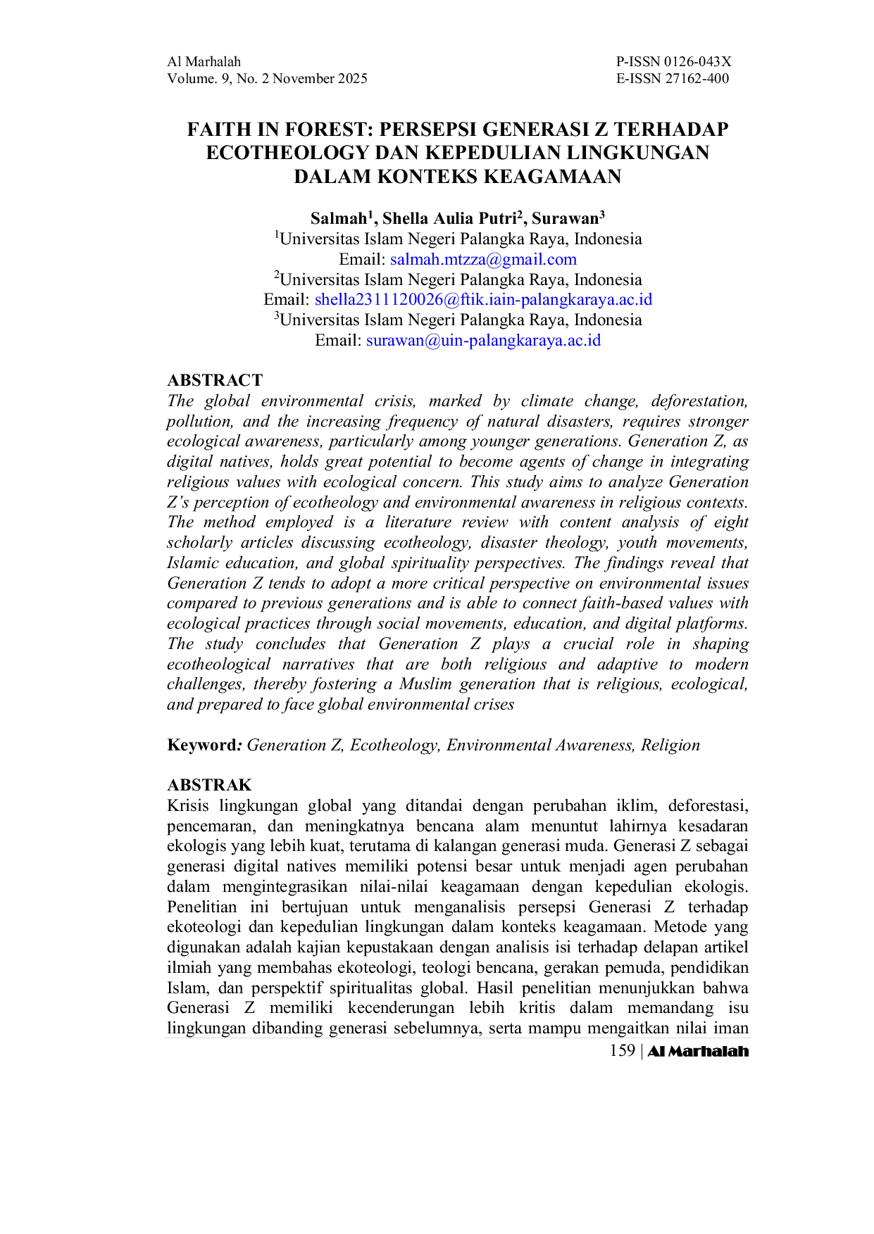JURIS Faith In Forest Persepsi Generasi Z Terhadap Ecotheology Dan Kepedulian Lingkungan Dalam Konteks Keagamaan