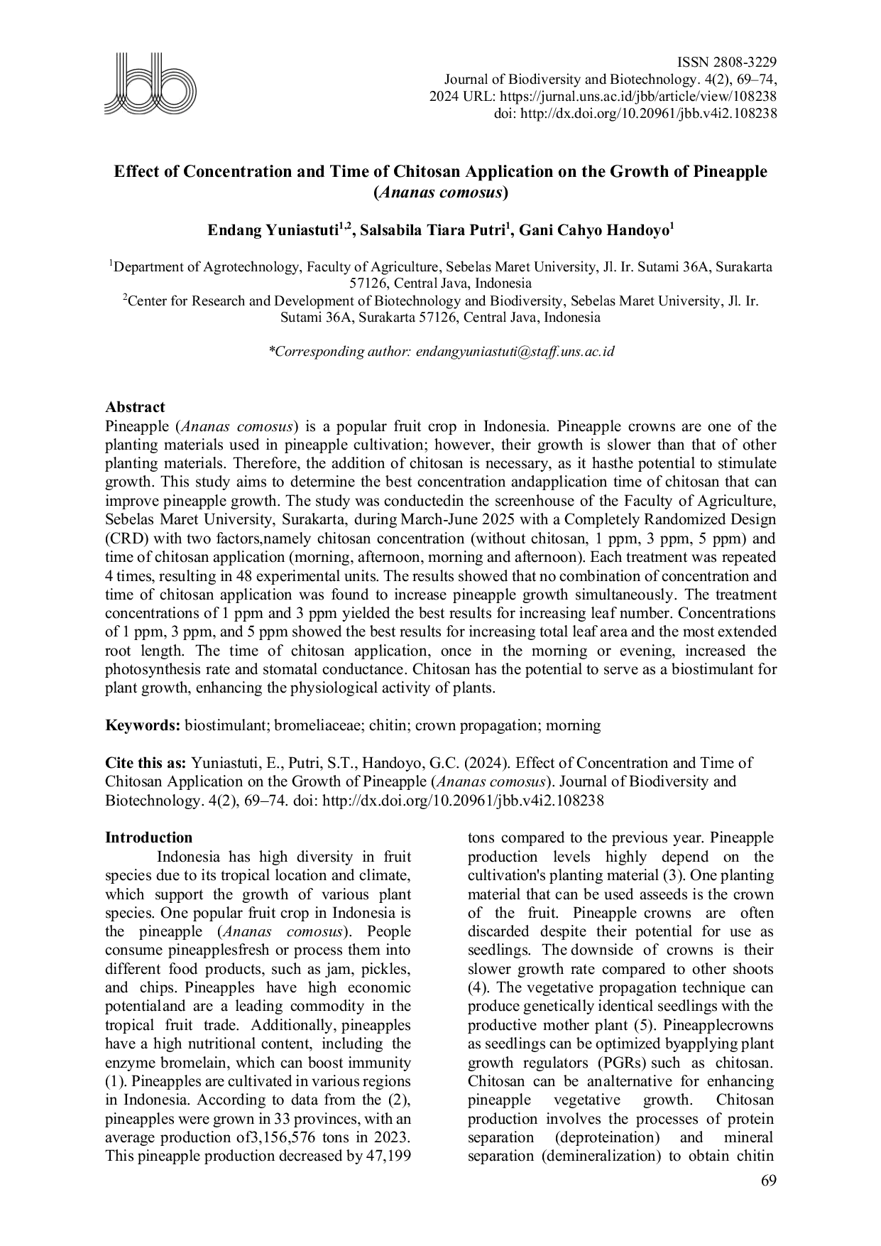 JURIS Effect of Concentration and Time of Chitosan Application on The Growth of Pineapple Ananas comosus