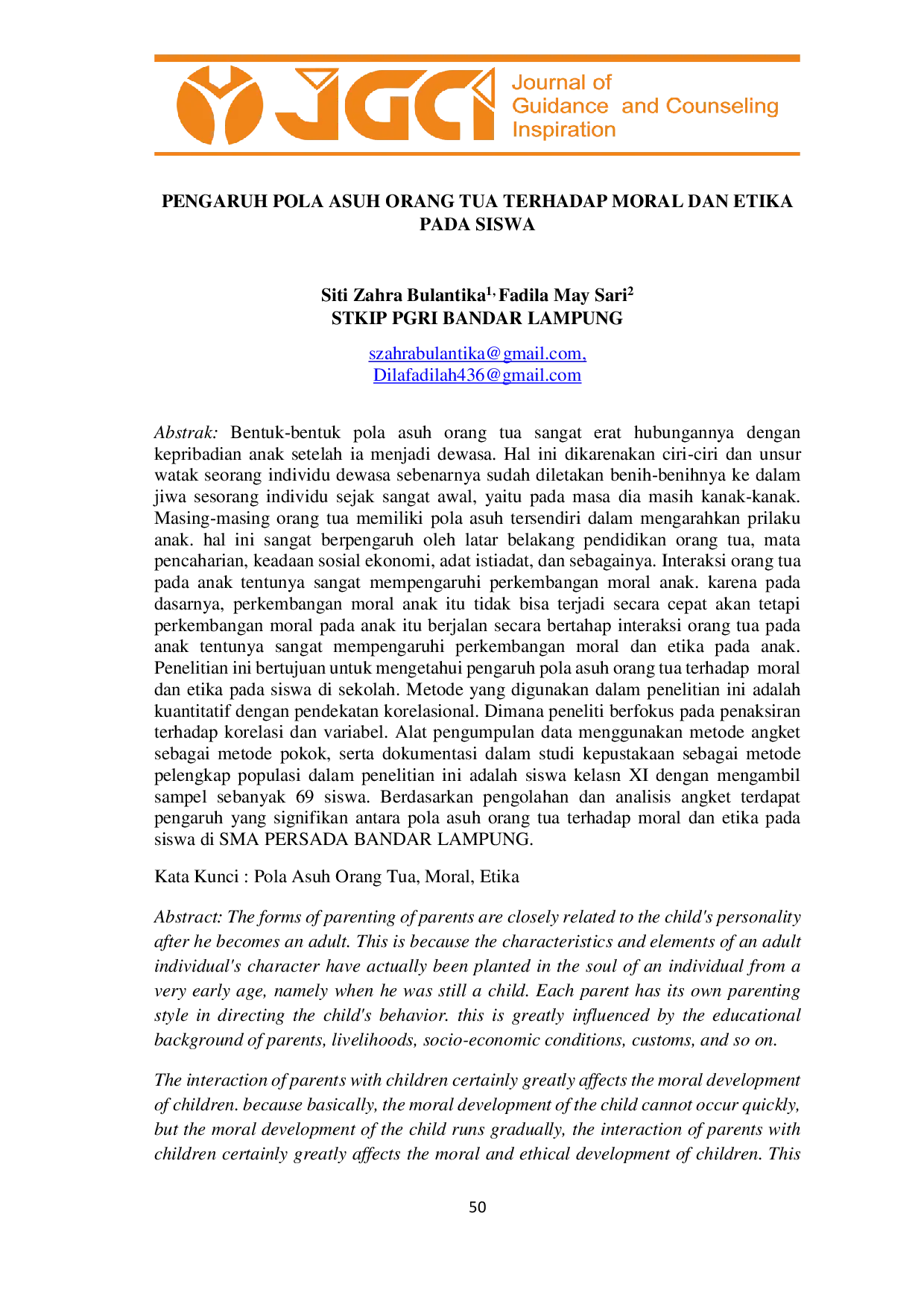 JURIS Pengaruh Pola Asuh Orang Tua Terhadap Moral dan Etika Pada Siswa