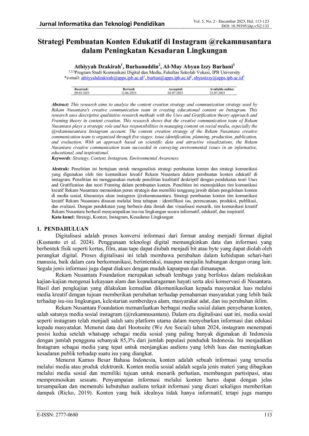 JURIS Strategi Pembuatan Konten Edukatif di Instagram rekamnusantara dalam Peningkatan Kesadaran Lingkungan