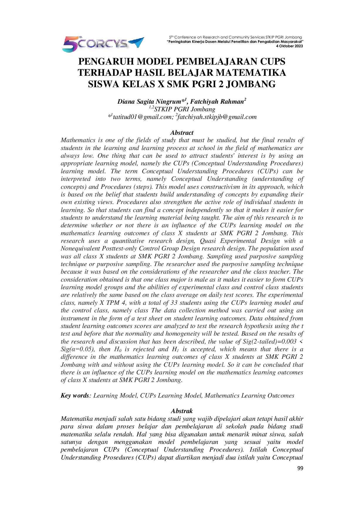 JURIS Pengaruh Model Pembelajaran CUPS Terhadap Hasil Belajar Matematika Siswa Kelas X SMK PGRI 2 Jombang