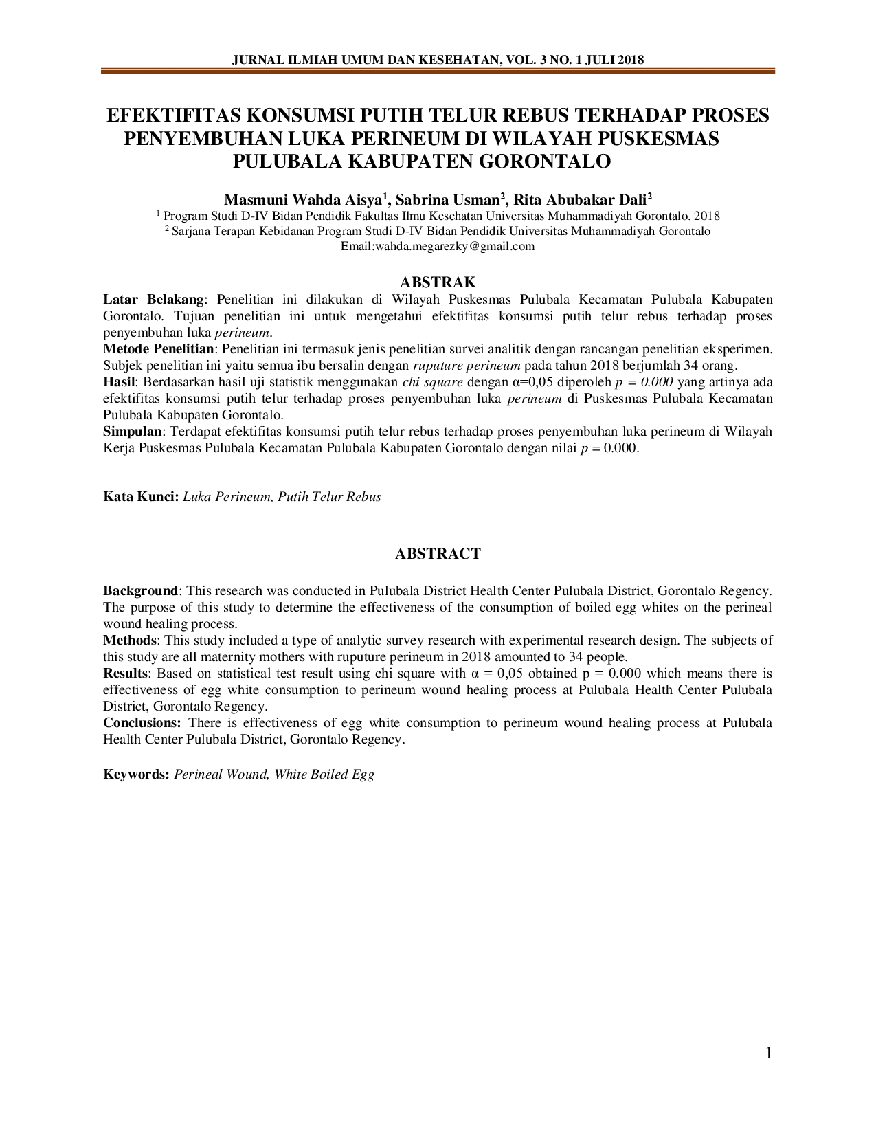 JURIS Efektifitas Konsumsi Putih Telur Rebus Terhadap Proses Penyembuhan Luka Perineum Di Wilayah Puskesmas Pulubala Kabupaten Gorontalo