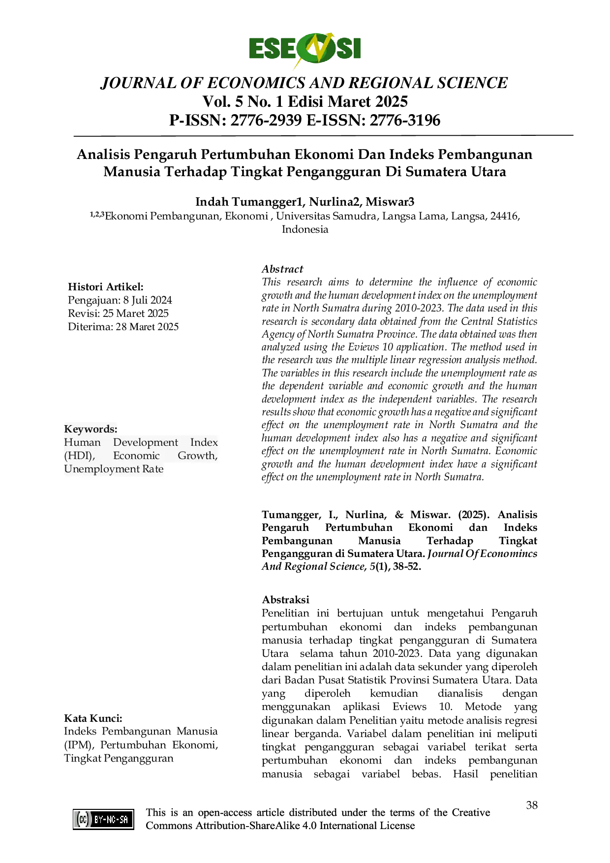 JURIS Analisis Pengaruh Pertumbuhan Ekonomi Dan Indeks Pembangunan Manusia Terhadap Tingkat Pengangguran Di Sumatera Utara