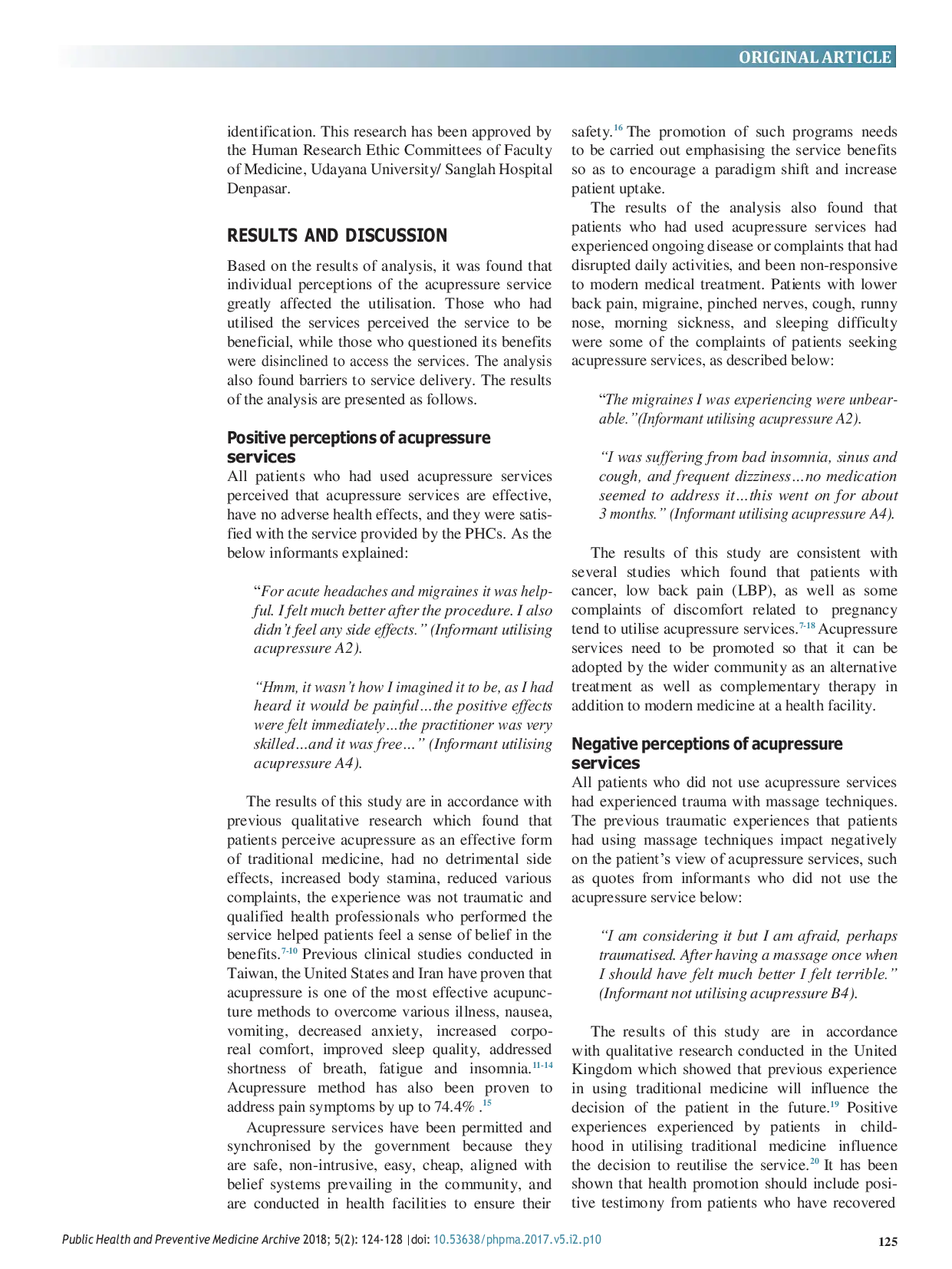 JURIS Perceptions of patients and providers on the use of acupressure services at Public Health Centres Tabanan District Bali