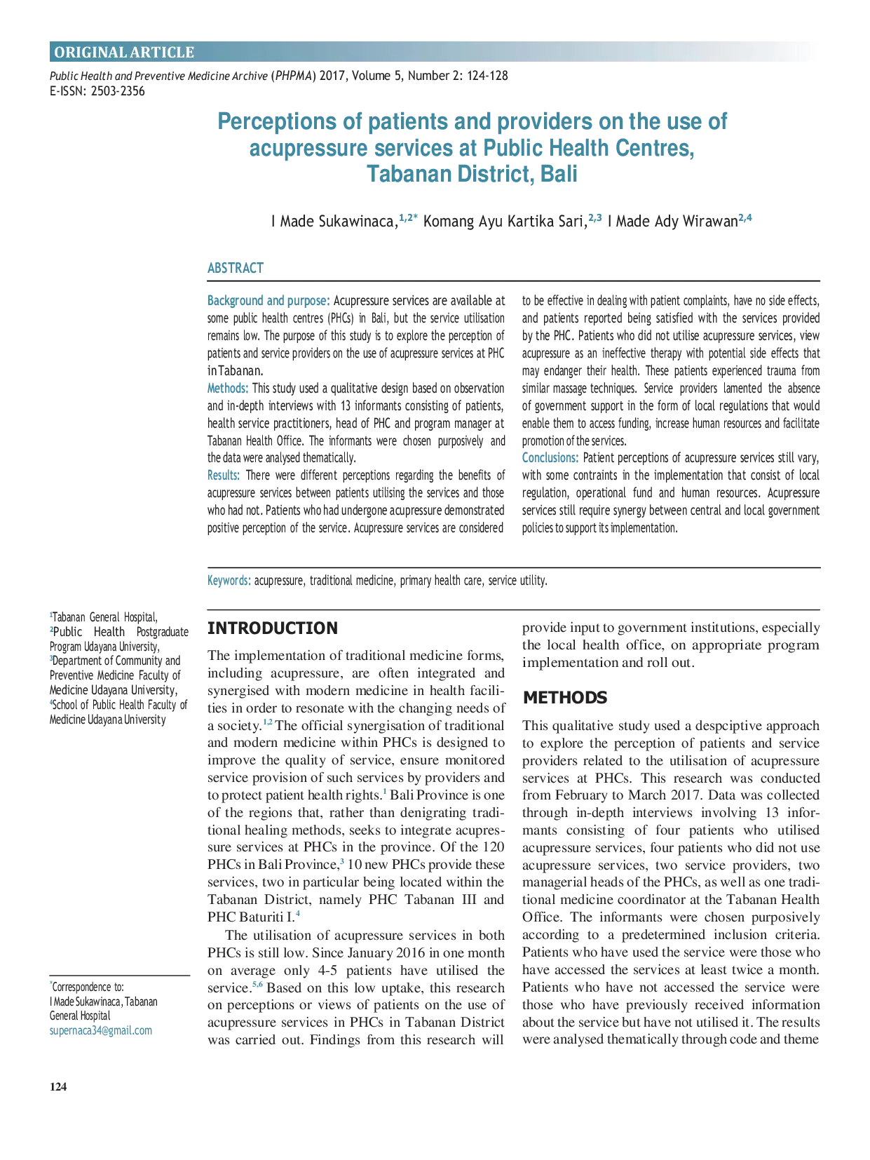 JURIS Perceptions of patients and providers on the use of acupressure services at Public Health Centres Tabanan District Bali