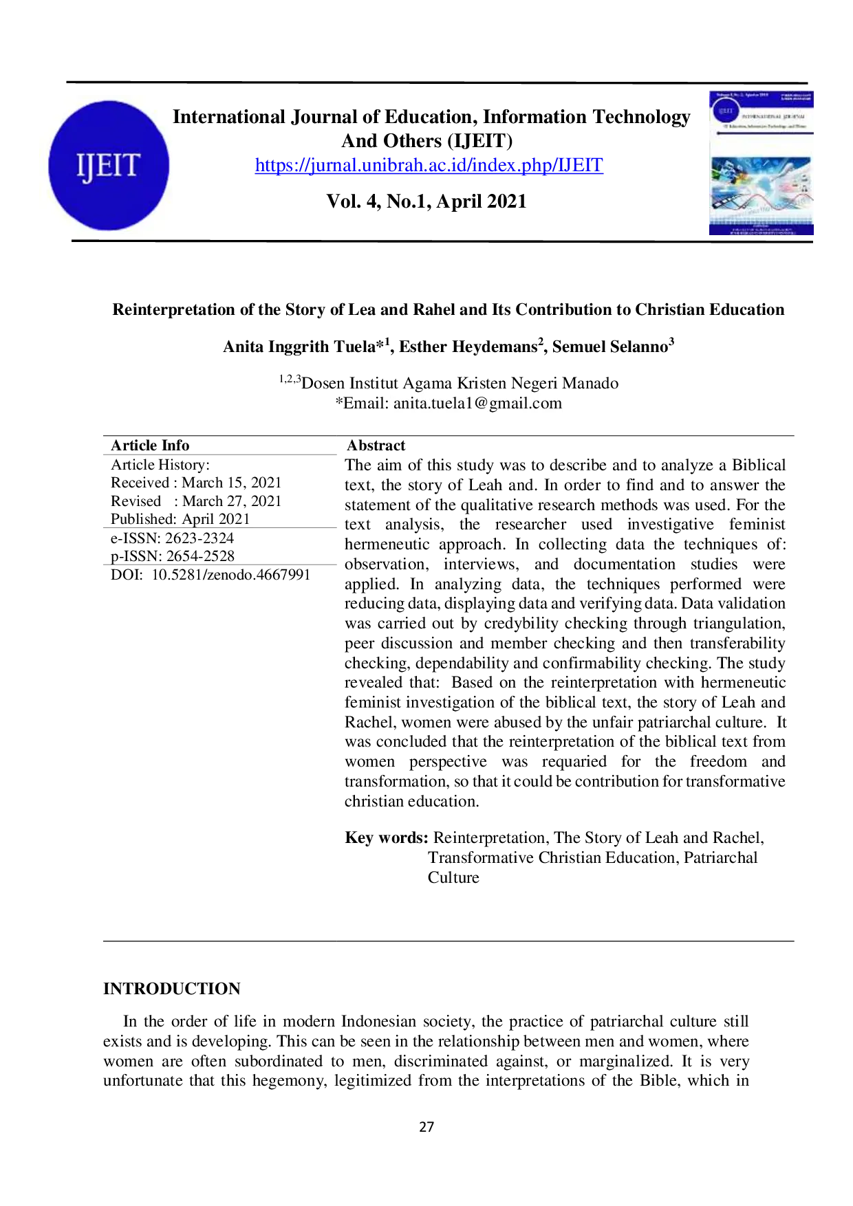 JURIS Reinterpretasi Cerita Lea dan Rahel dan Kontribusinya terhadap Pendidikan Kristen Transformatif
