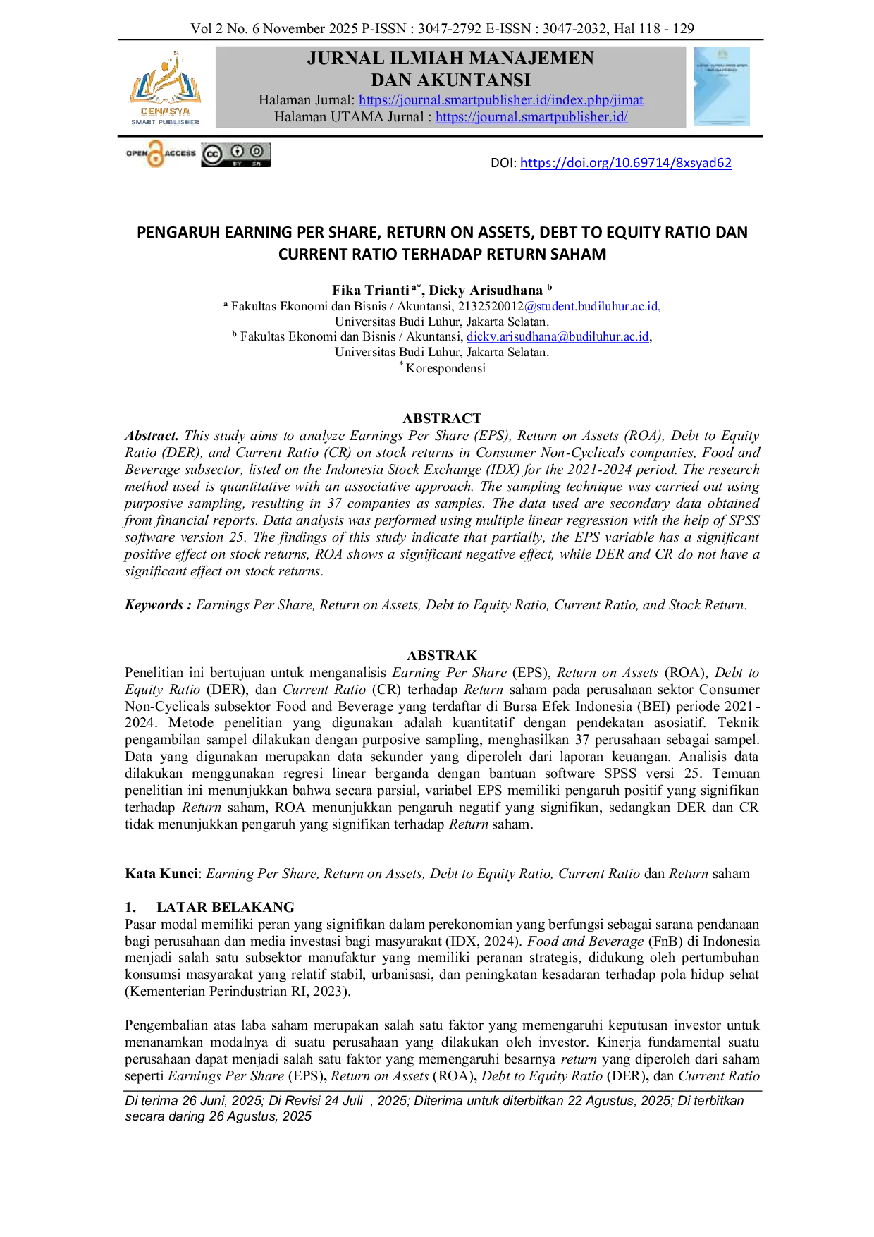 JURIS Pengaruh Earning Per Share Return On Assets Debt To Equity Ratio Dan Current Ratio Terhadap Return Saham