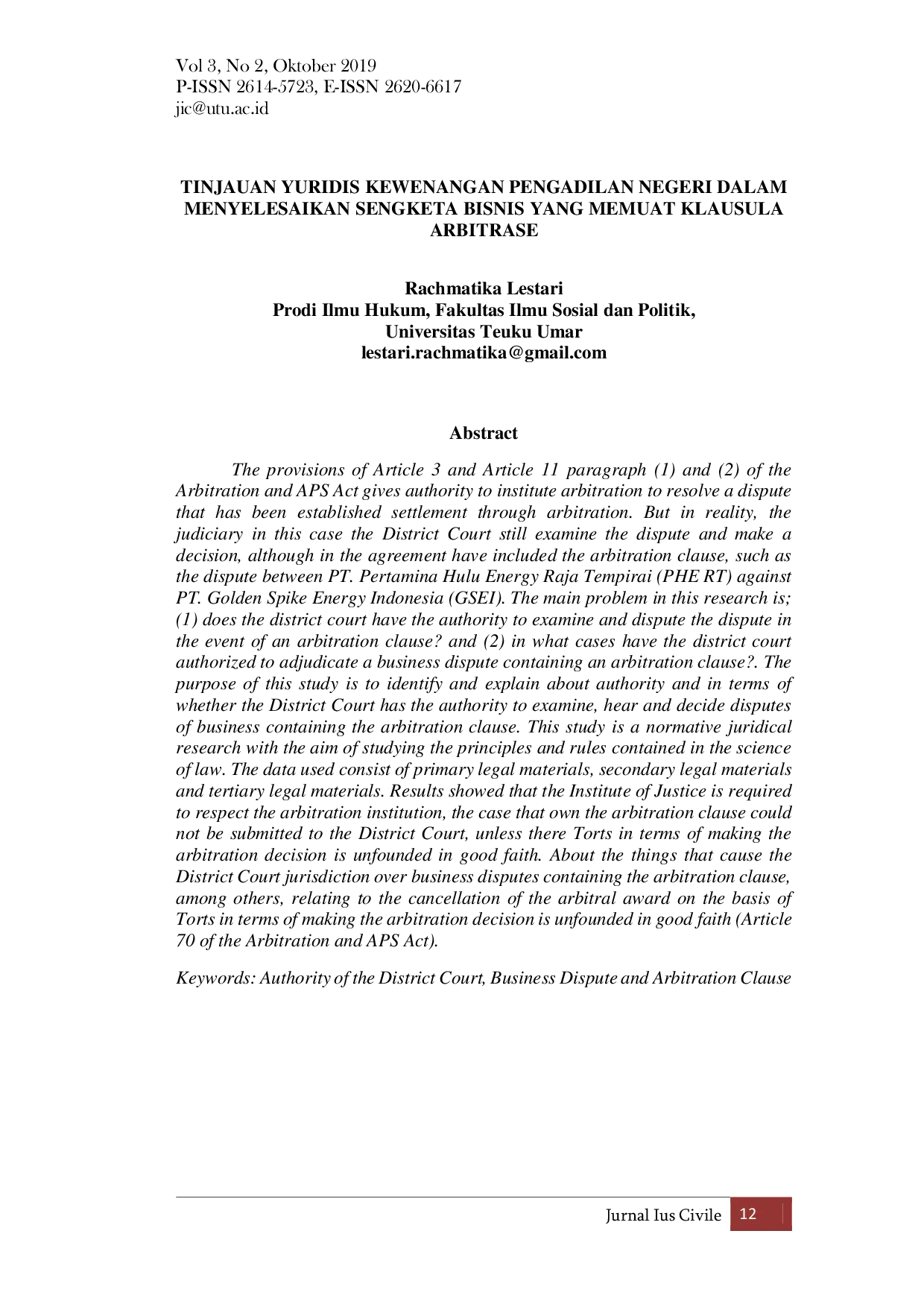 JURIS Tinjauan Yuridis Kewenangan Pengadilan Negeri Dalam Menyelesaikan Sengketa Bisnis Yang Memuat Klausula Arbitrase