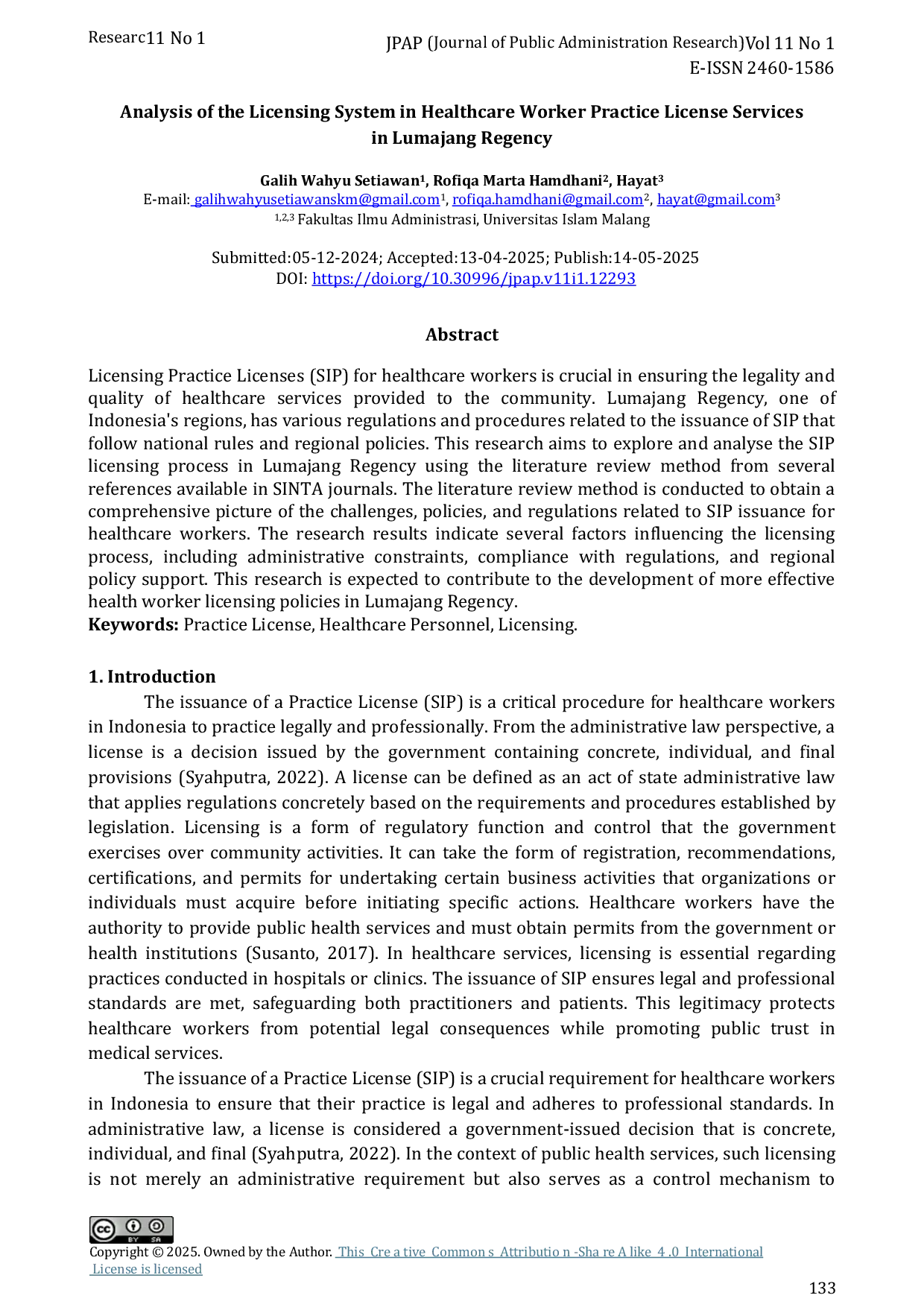 JURIS The Analysis of the Licensing System in Healthcare Worker Practice License Services in Lumajang Regency