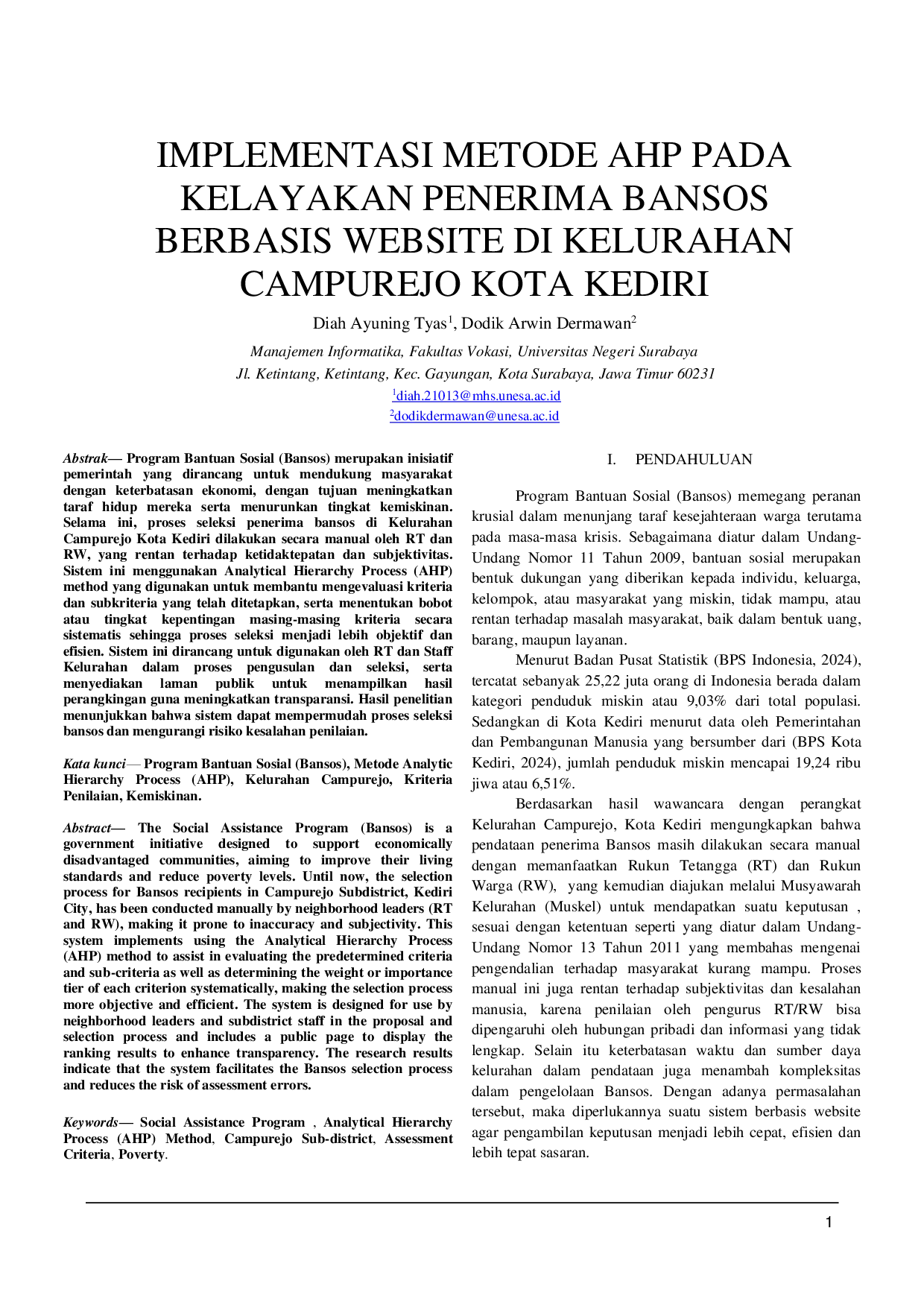JURIS Implementasi Metode AHP Pada Kelayakan Penerima Bansos Berbasis Website Di Kelurahan Campurejo Kota Kediri