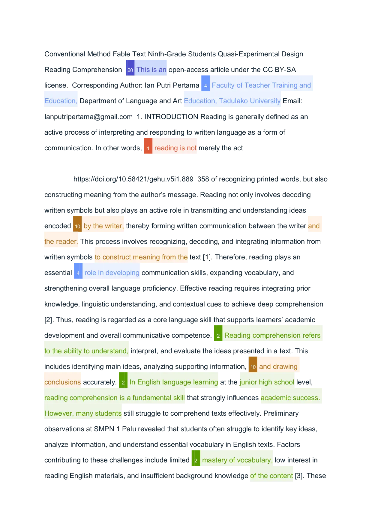 JURIS Improving Reading Comprehension by Using Fable Text of the Nineth Grade Students of SMP Negeri 1 Palu