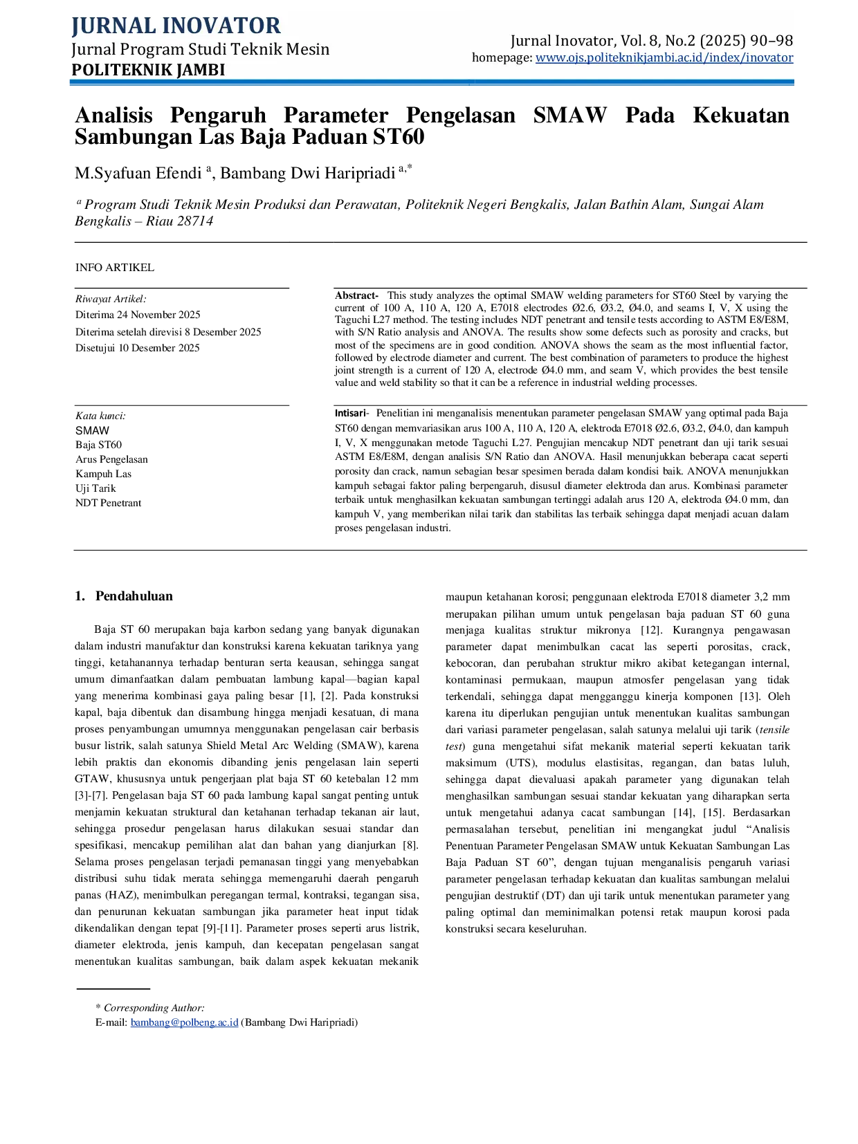 JURIS Analisis Pengaruh Parameter Pengelasan SMAW Pada Kekuatan Sambungan Las Baja Paduan ST60