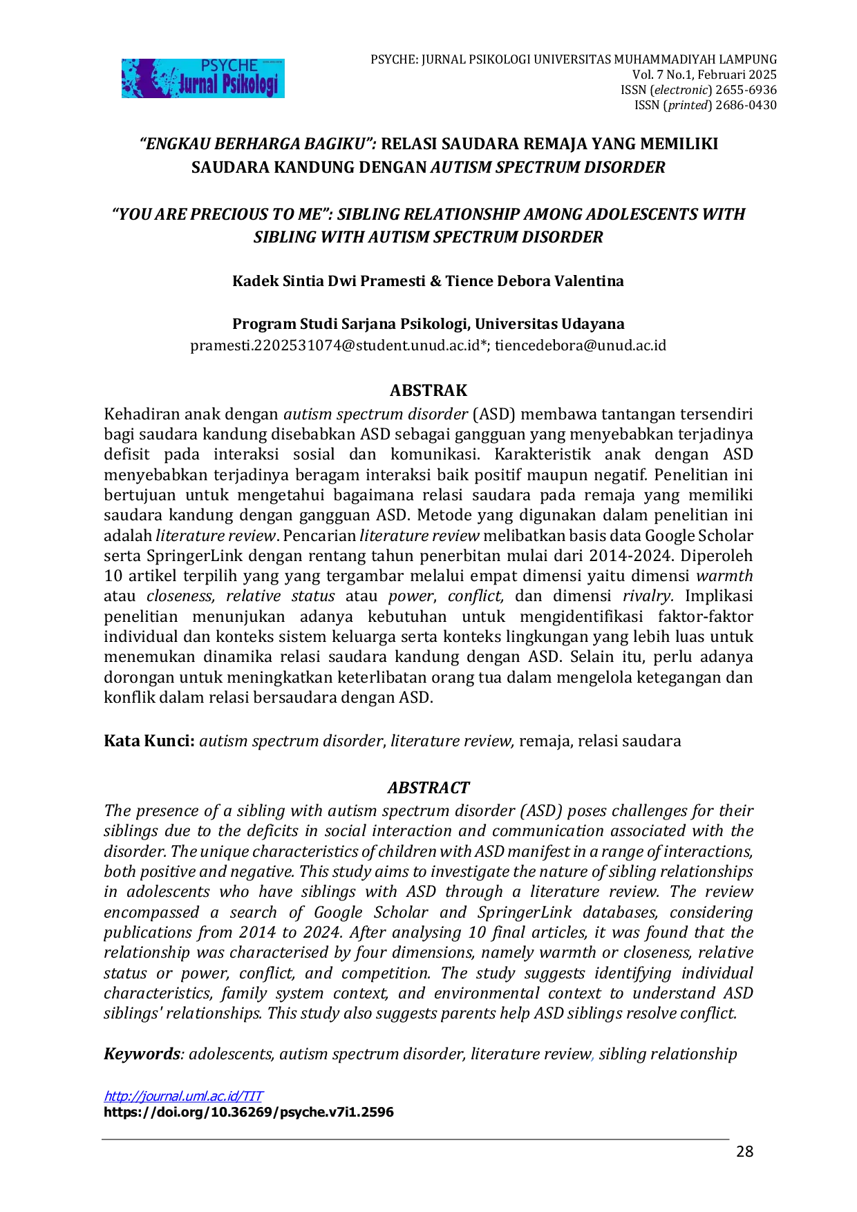 JURIS Engkau Berharga Bagiku Relasi Saudara Remaja yang Memiliki Saudara Kandung dengan Autism Spectrum Disorder