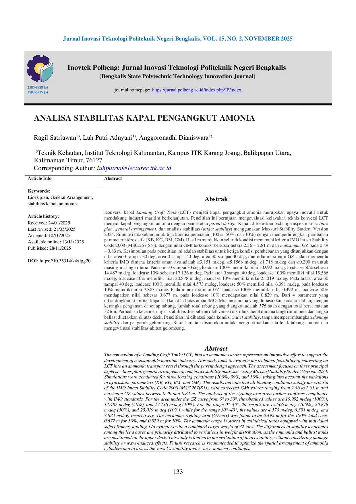 JURIS Analisa Stabilitas Kapal Pengangkut Amonia