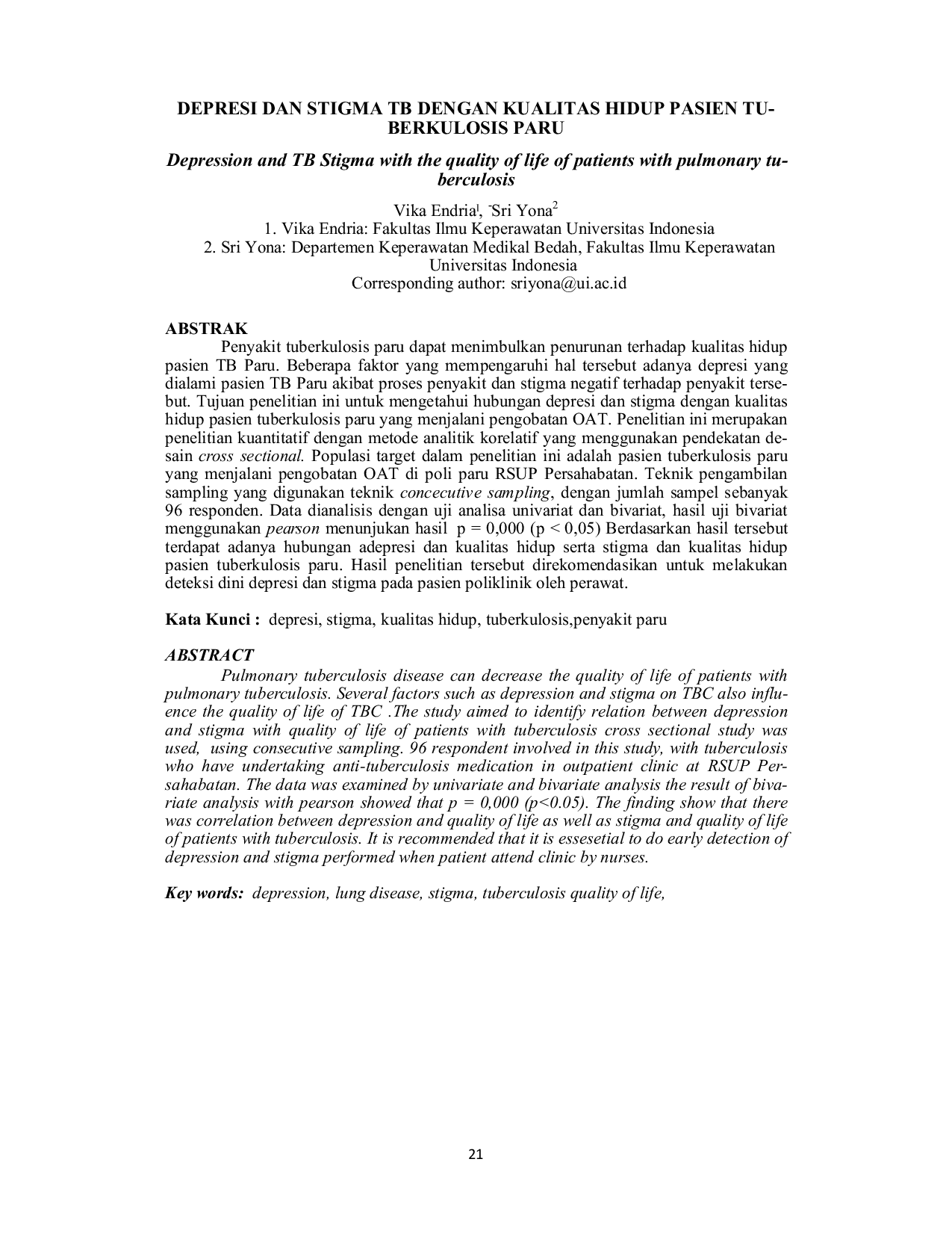 JURIS Depresi Dan Stigma Tb Dengan Kualitas Hidup Pasien Tuberkulosis Paru