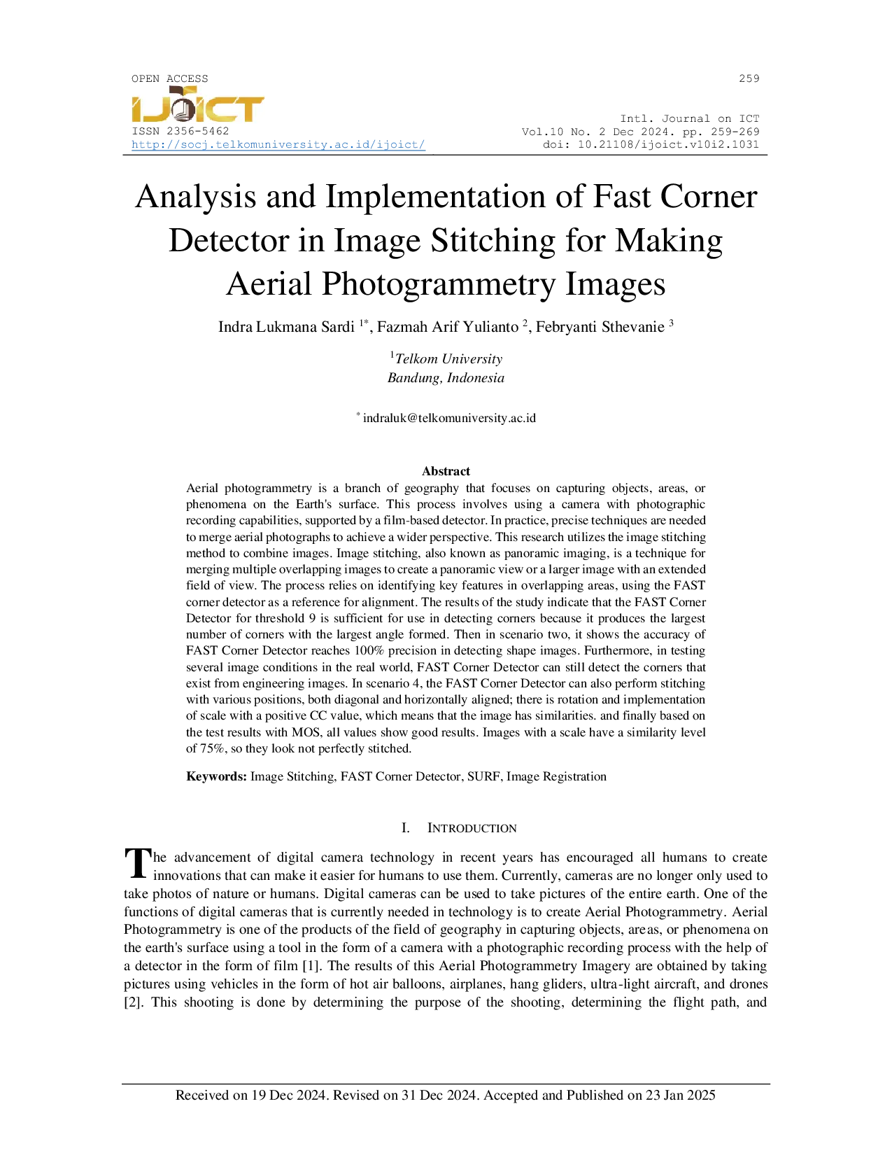JURIS Analysis and Implementation of a Fast Corner Detector on Image Stitching in the Formation of Aerial Photogrammetry Images