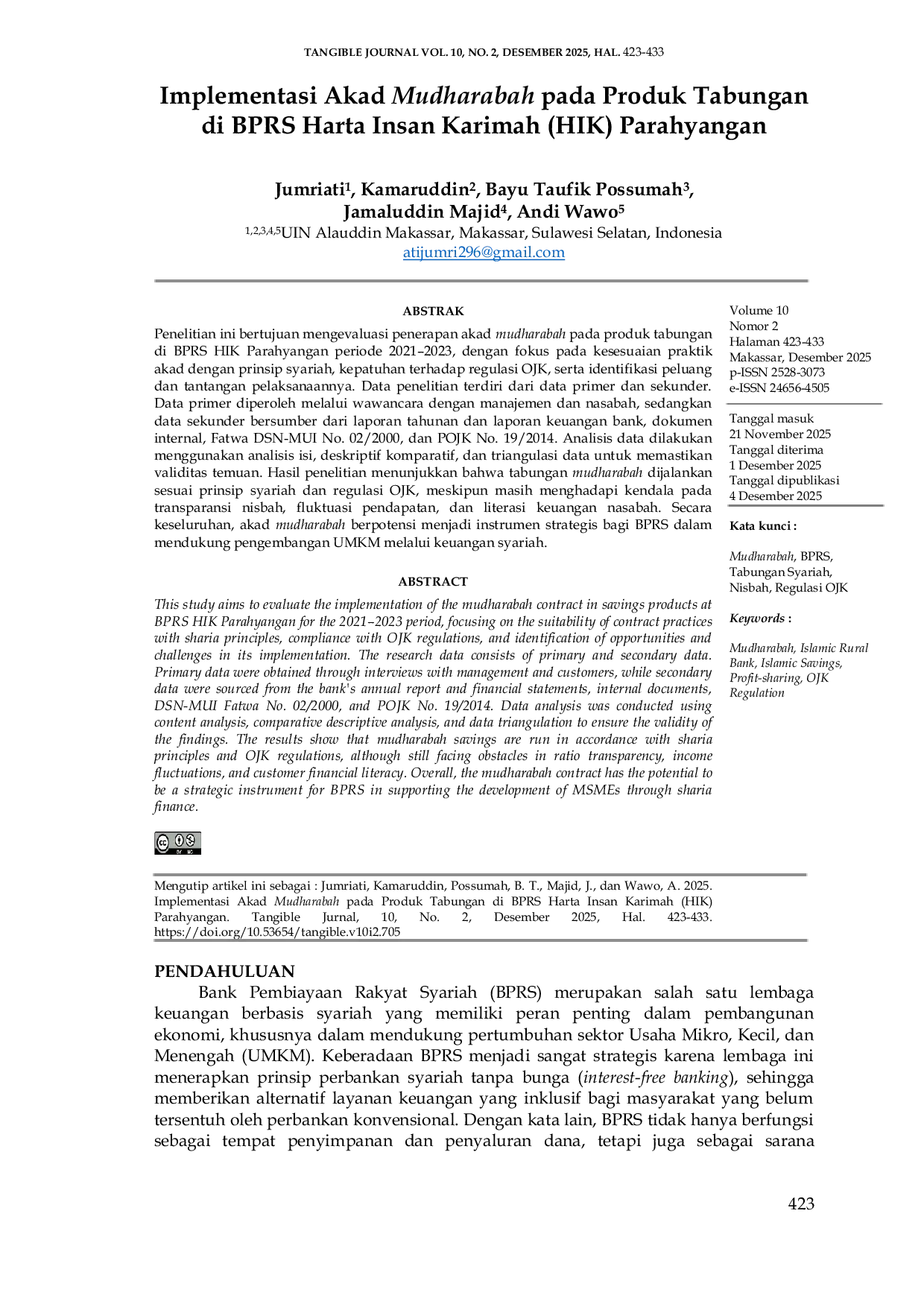 JURIS Implementasi Akad Mudharabah Pada Produk Tabungan Di Bprs Harta Insan Karimah Hik Parahyangan