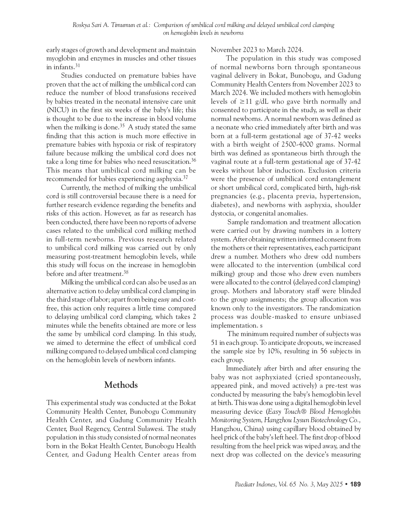 JURIS Comparison of umbilical cord milking and delayed umbilical cord clamping on hemoglobin levels in newborns