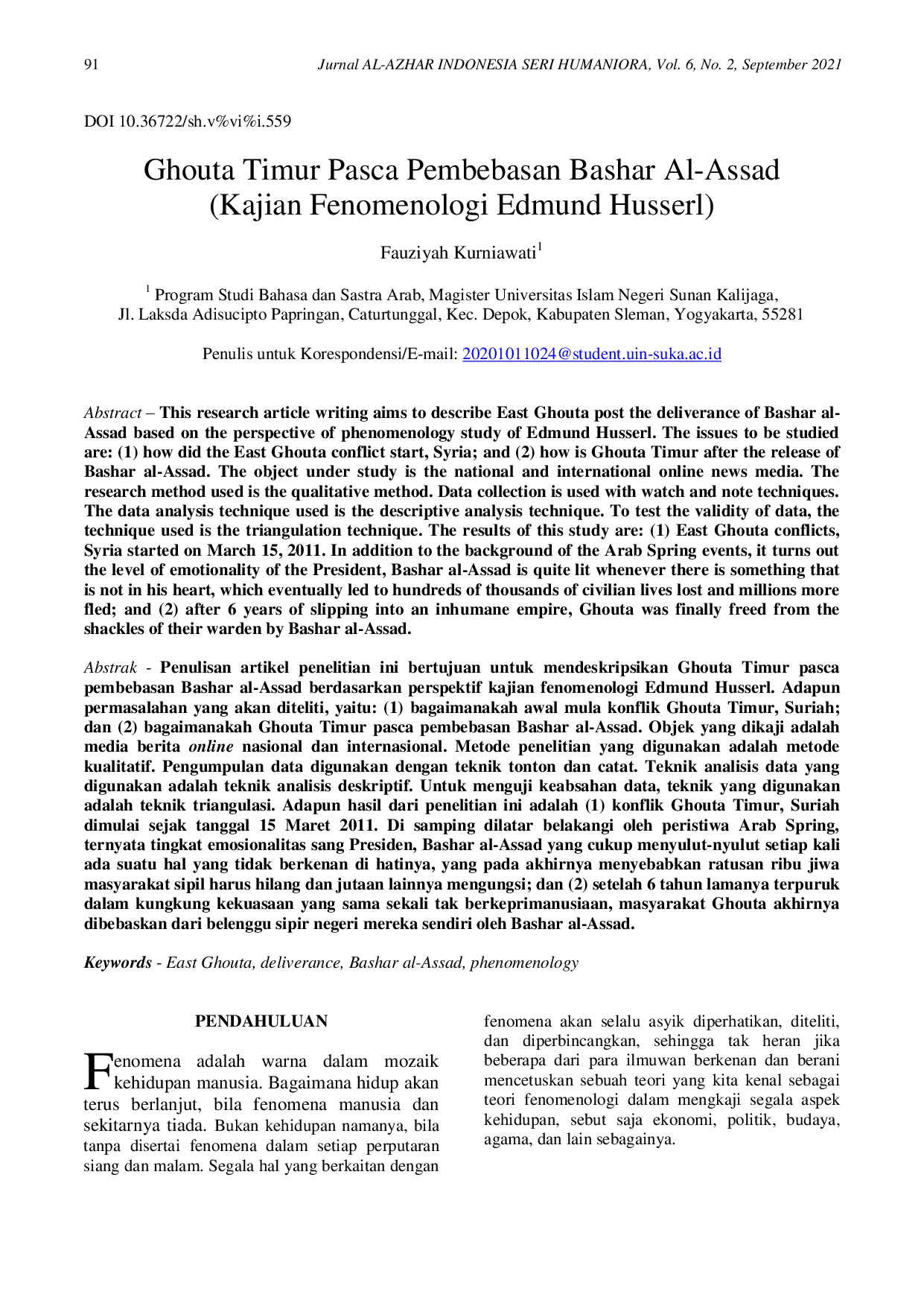 JURIS Ghouta Timur Pasca Pembebasan Bashar Al Assad Kajian Fenomenologi Edmund Husserl