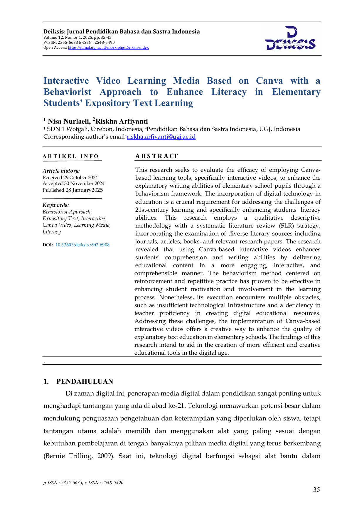 JURIS Interactive Video Learning Media Based on Canva with a Behaviorist Approach to Enhance Literacy in Elementary Students Expository Text Learning