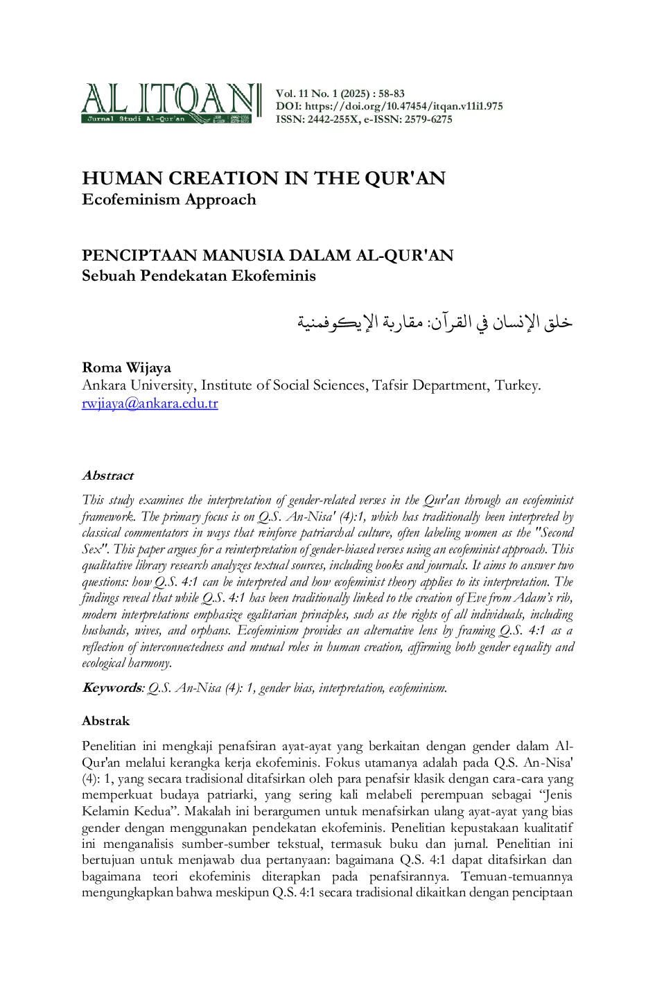 JURIS HUMAN CREATION IN THE QUR AN Ecofeminism Approach