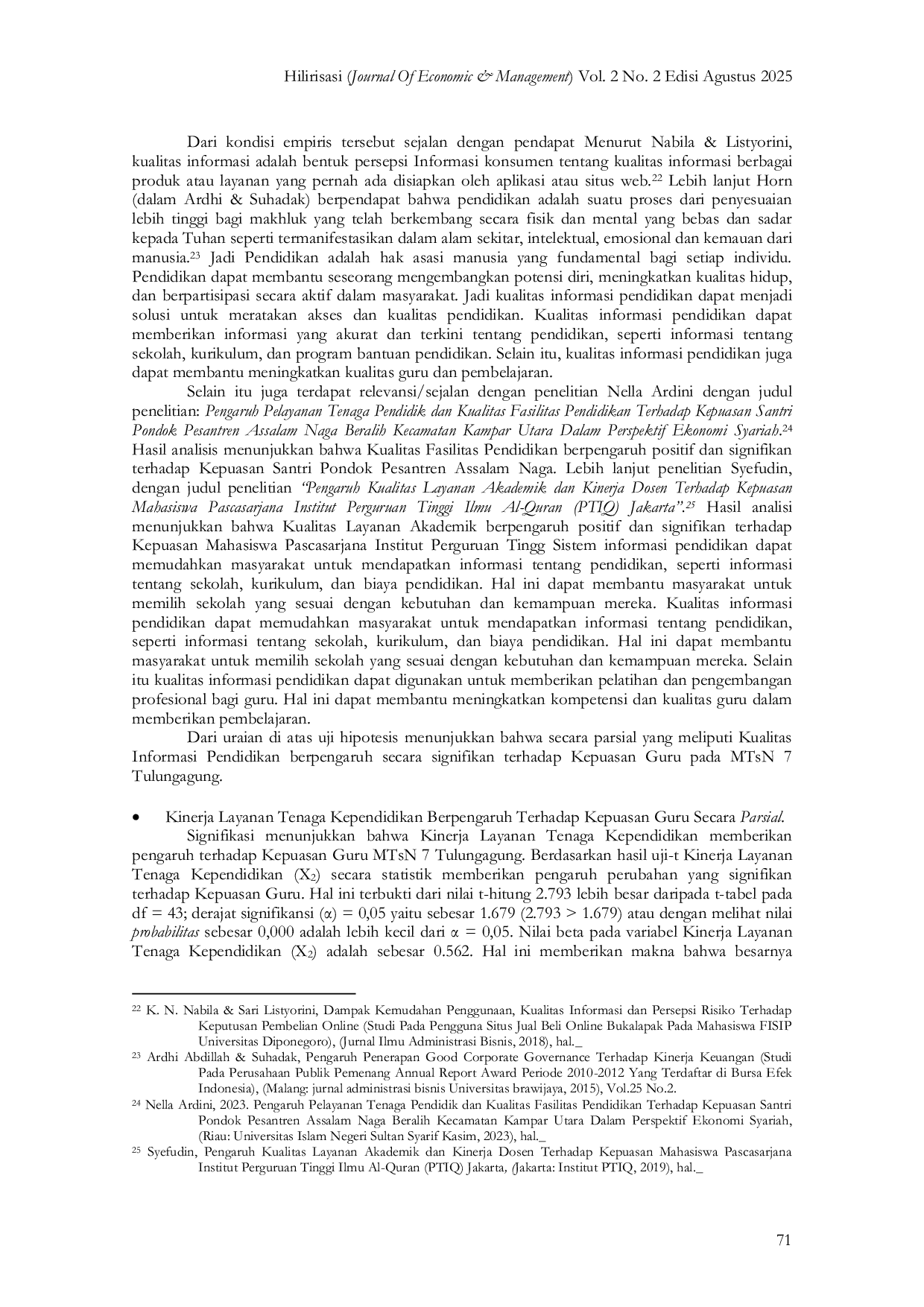 JURIS Kualitas Informasi Pendidikan Dan Kinerja Layanan Tenaga Kependidikan Terhadap Kepuasan Guru Pada MTsN 7 Tulungagung