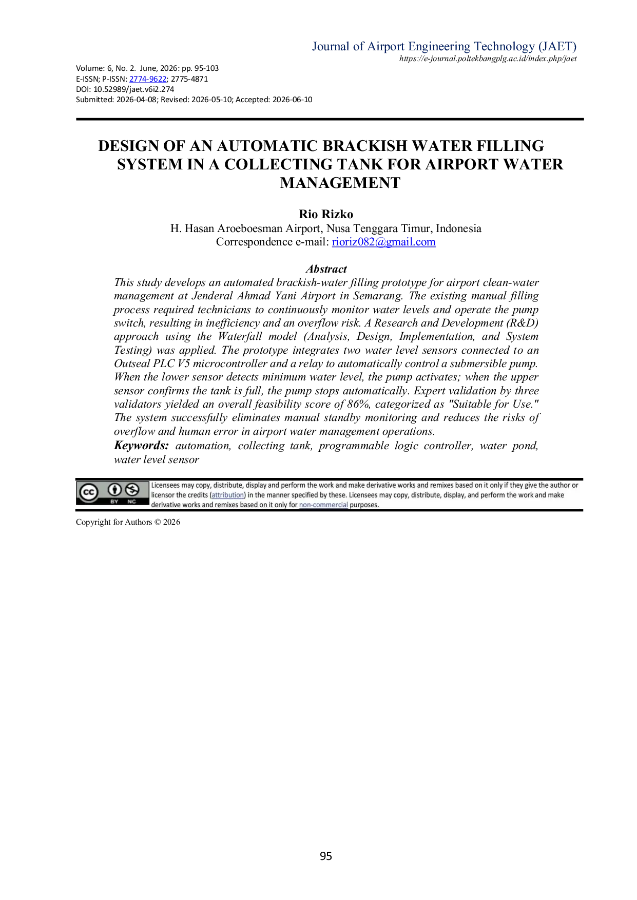 JURIS Design of an Automatic Brackish Water Filling System in a Collecting Tank for Airport Water Management