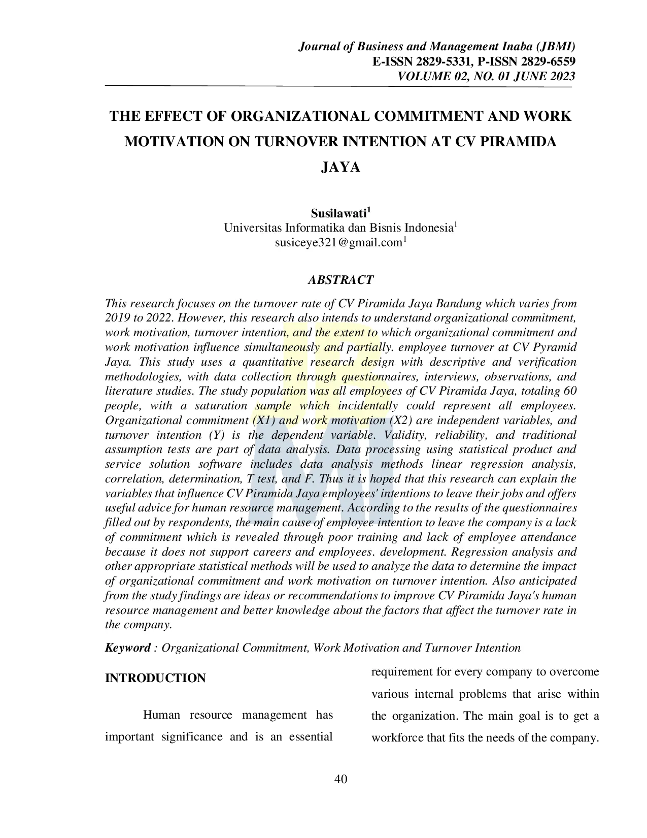 JURIS The Effect Of Organizational Commitment And Work Motivation On Turnover Intention At Cv Piramida Jaya