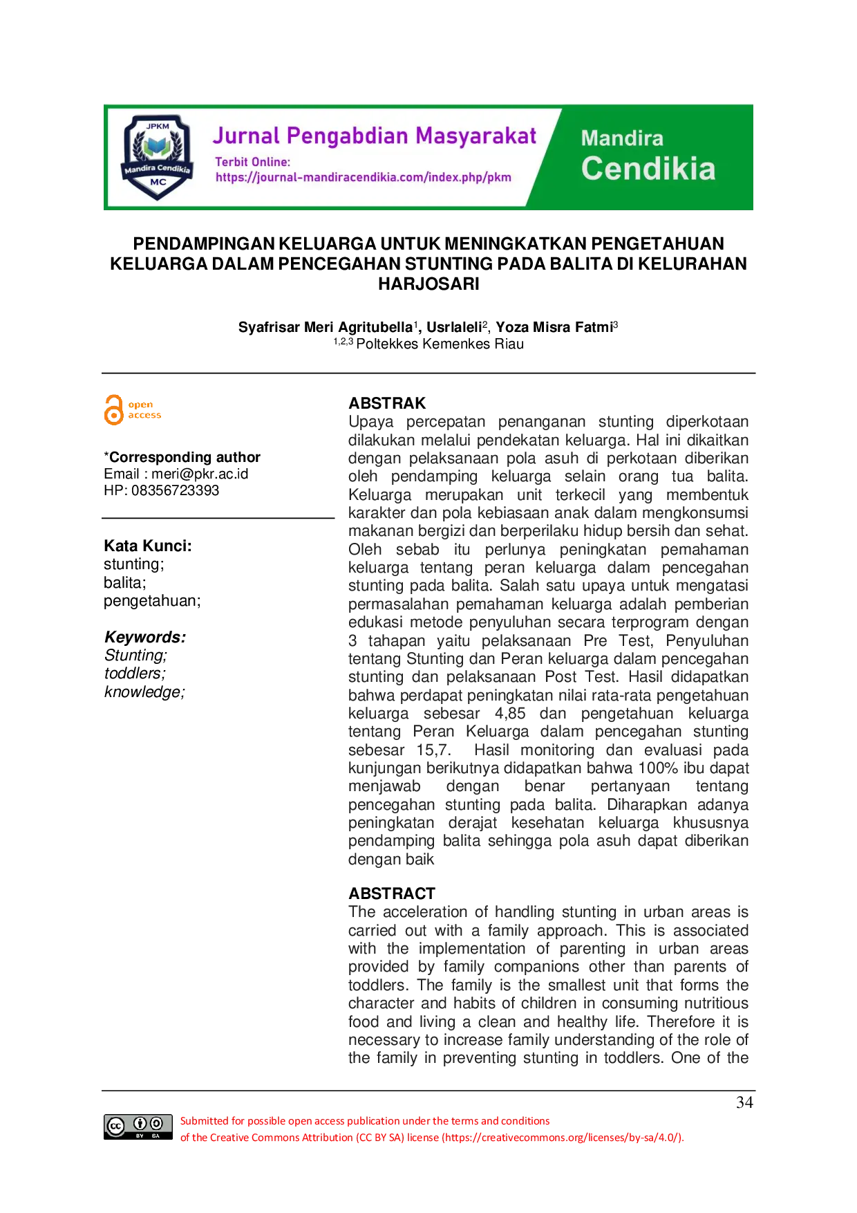 JURIS Pendampingan Keluarga untuk meningkatkan Pengetahuan Keluarga dalam Pencegahan Stunting pada Balita di Kelurahan Harjosari