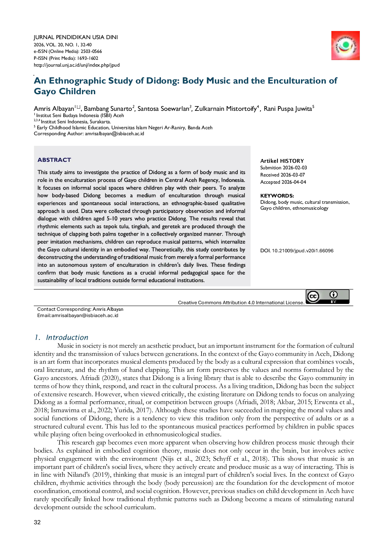 JURIS An Ethnographic Study of Didong Body Music and the Enculturation of Gayo Children