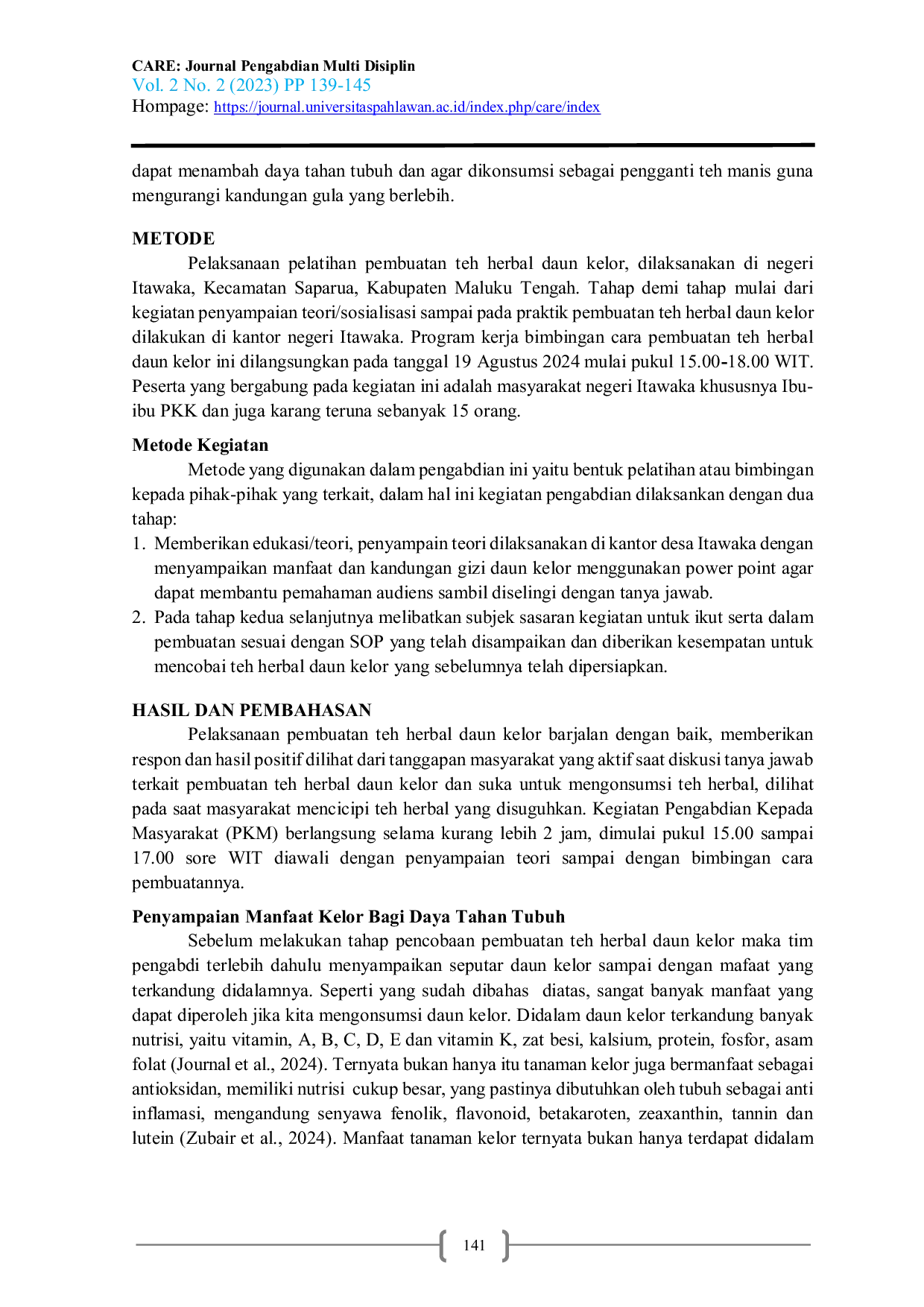 JURIS Guidance on how to make Moringa Leaf Herbal Tea Moringa Oliefera as an Endurance Booster in Negeri Itawaka Central Maluku Regency