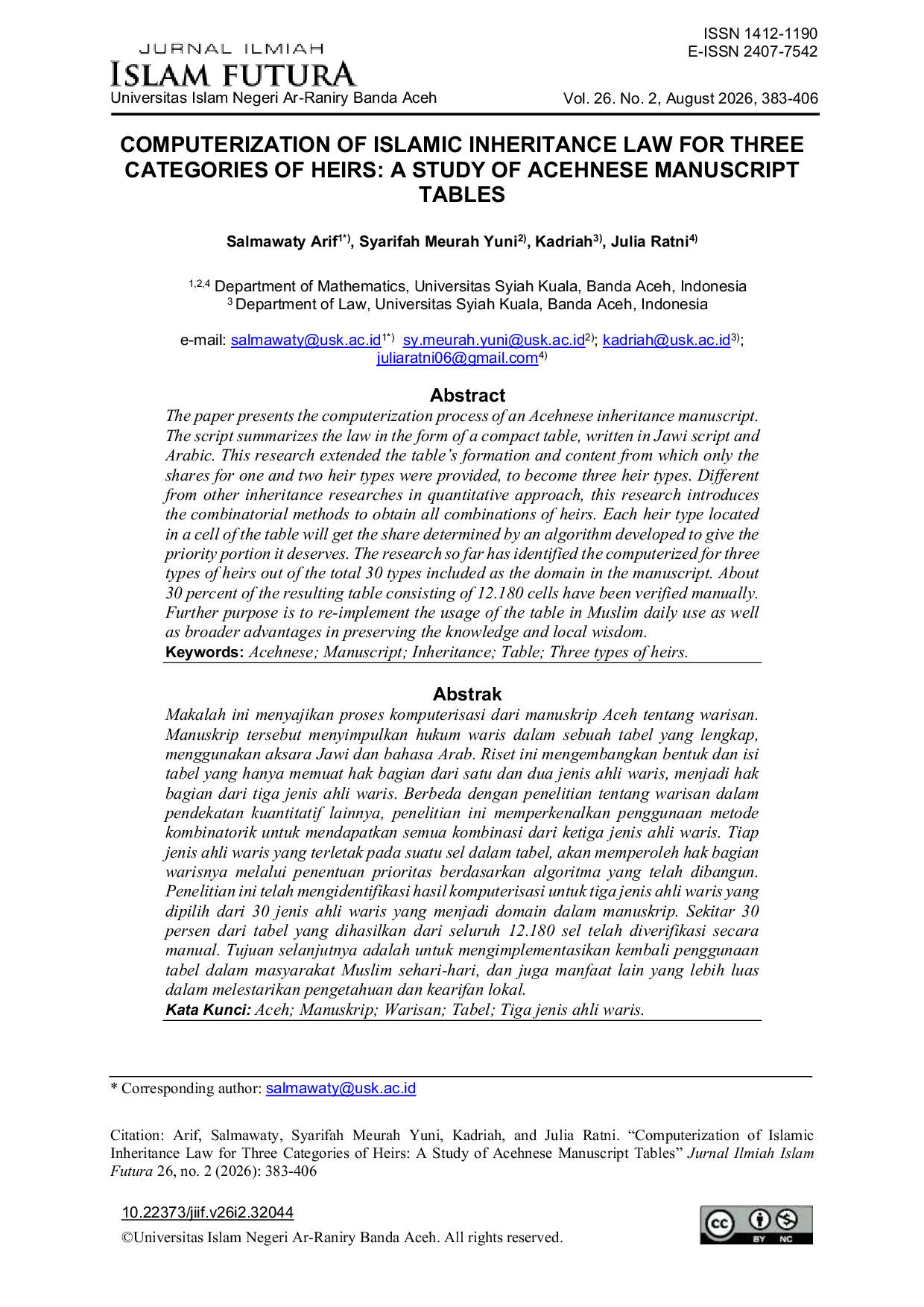 JURIS Computerization of Islamic Inheritance Law for Three Categories of Heirs A Study of Acehnese Manuscript Tables