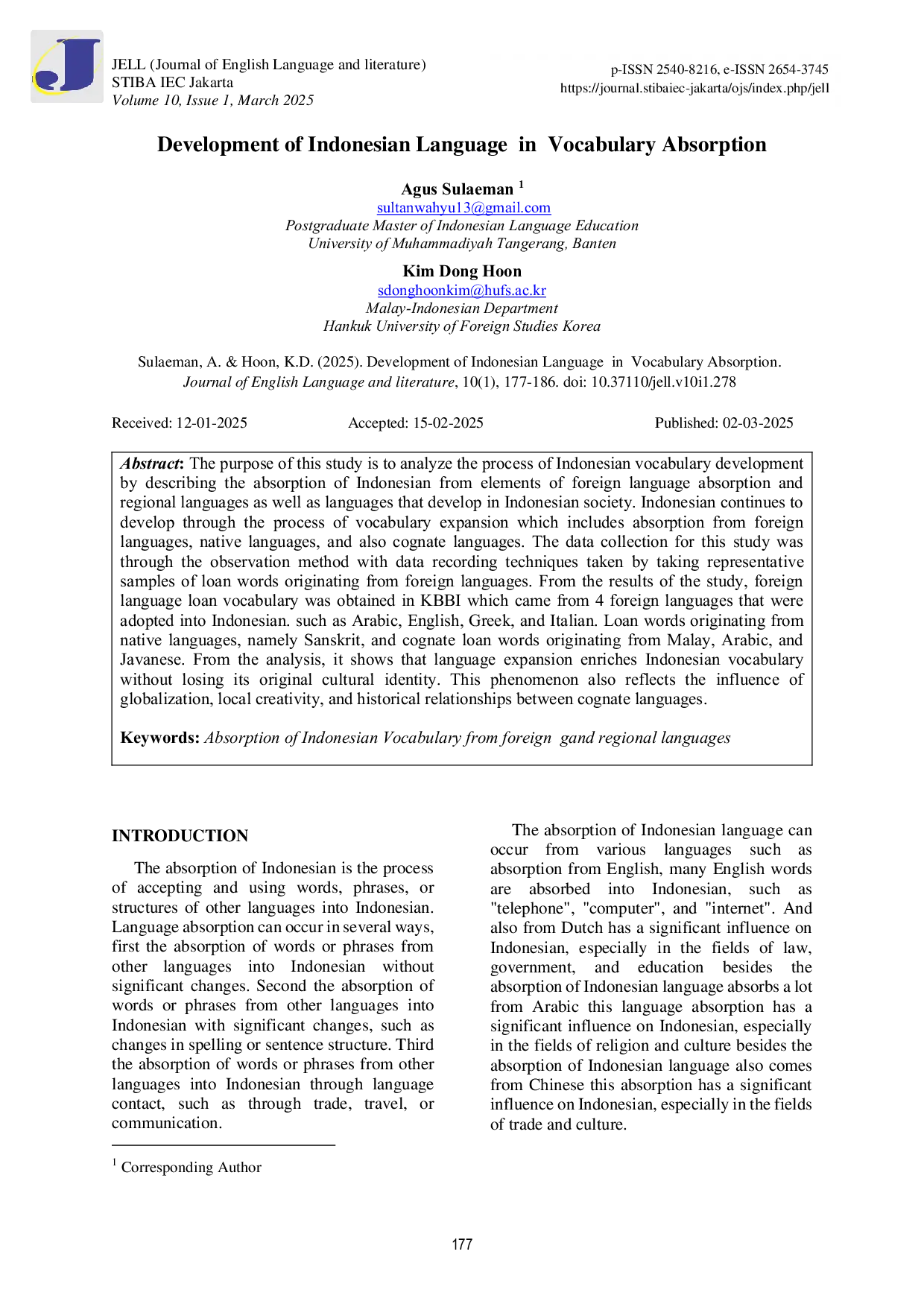 JURIS Development of Indonesian Language in Vocabulary Absorption