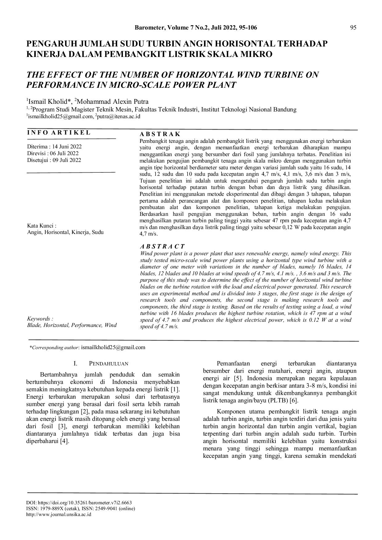 JURIS Pengaruh Jumlah Sudu Turbin Angin Horisontal Terhadap Kinerja Dalam Pembangkit Listrik Skala Mikro