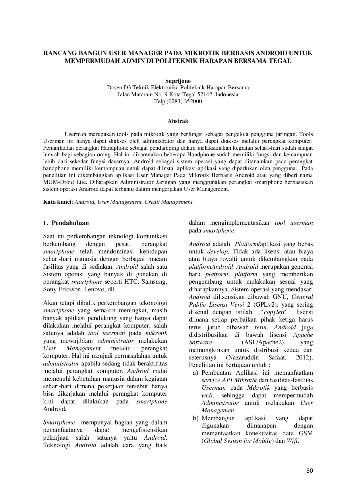 JURIS Rancang Bangun User Manager Pada Mikrotik Berbasis Android untuk Mempermudah Admin di Politeknik Harapan Bersama Tegal