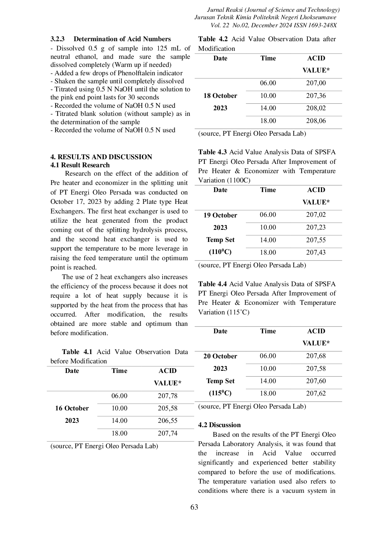 JURIS Effect Of Pre Heater And Economizer Addition On Acid Value In Splitting Unit At Pt Energi Oleo Persada