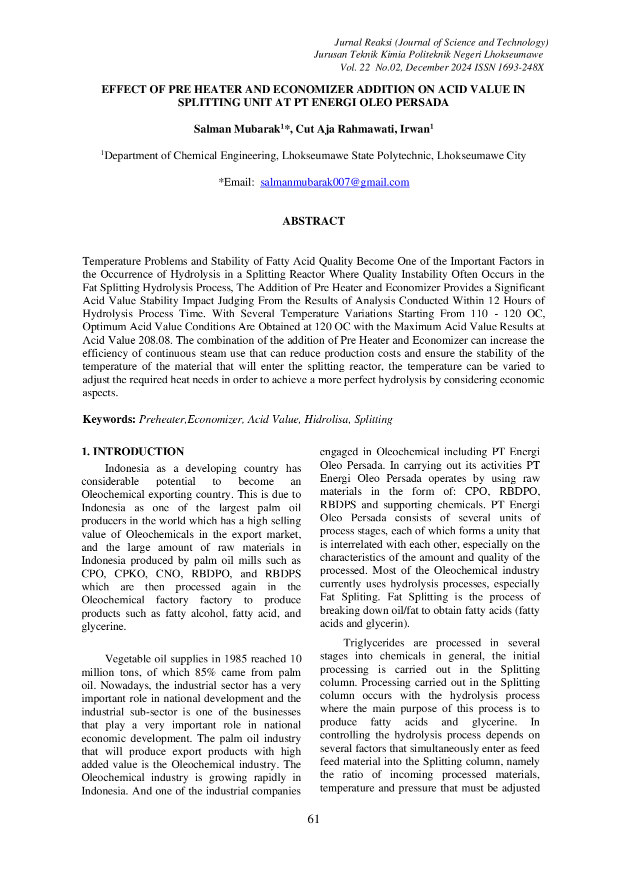 JURIS Effect Of Pre Heater And Economizer Addition On Acid Value In Splitting Unit At Pt Energi Oleo Persada