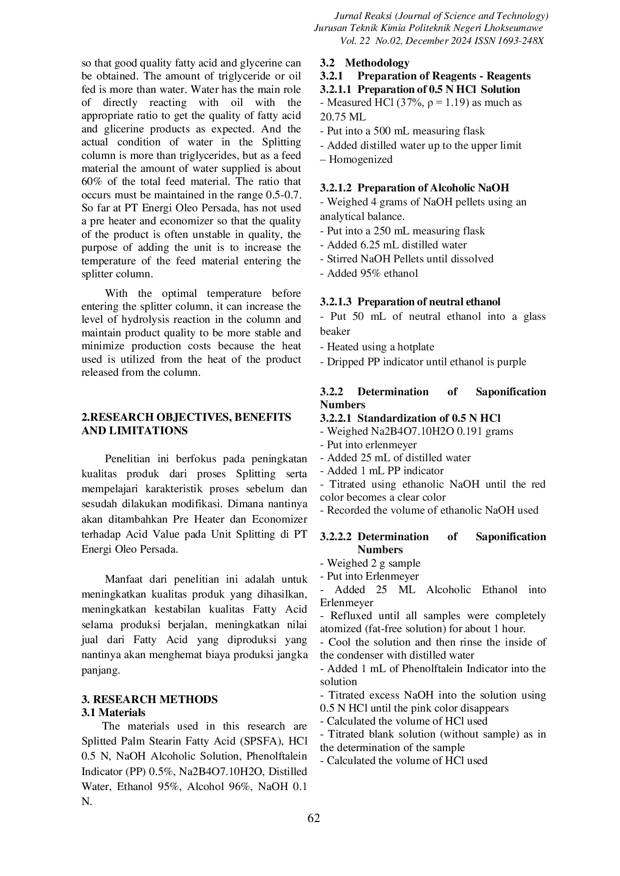 JURIS Effect Of Pre Heater And Economizer Addition On Acid Value In Splitting Unit At Pt Energi Oleo Persada