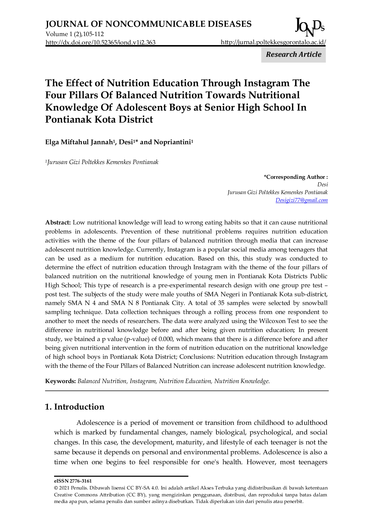 JURIS The Effect of Nutrition Education Through Instagram The Four Pillars Of Balanced Nutrition Towards Nutritional Knowledge Of Adolescent Boys at Senior High School In Pontianak Kota District