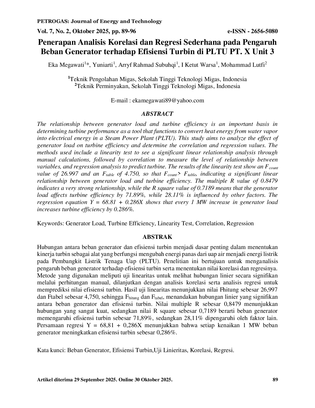 JURIS Penerapan Analisis Korelasi dan Regresi Sederhana pada Pengaruh Beban Generator terhadap Efisiensi Turbin di PLTU PT X Unit 3